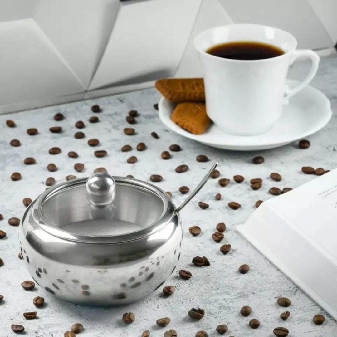 Recipient zahăr inox cu capac sticlă și linguriță inclusă