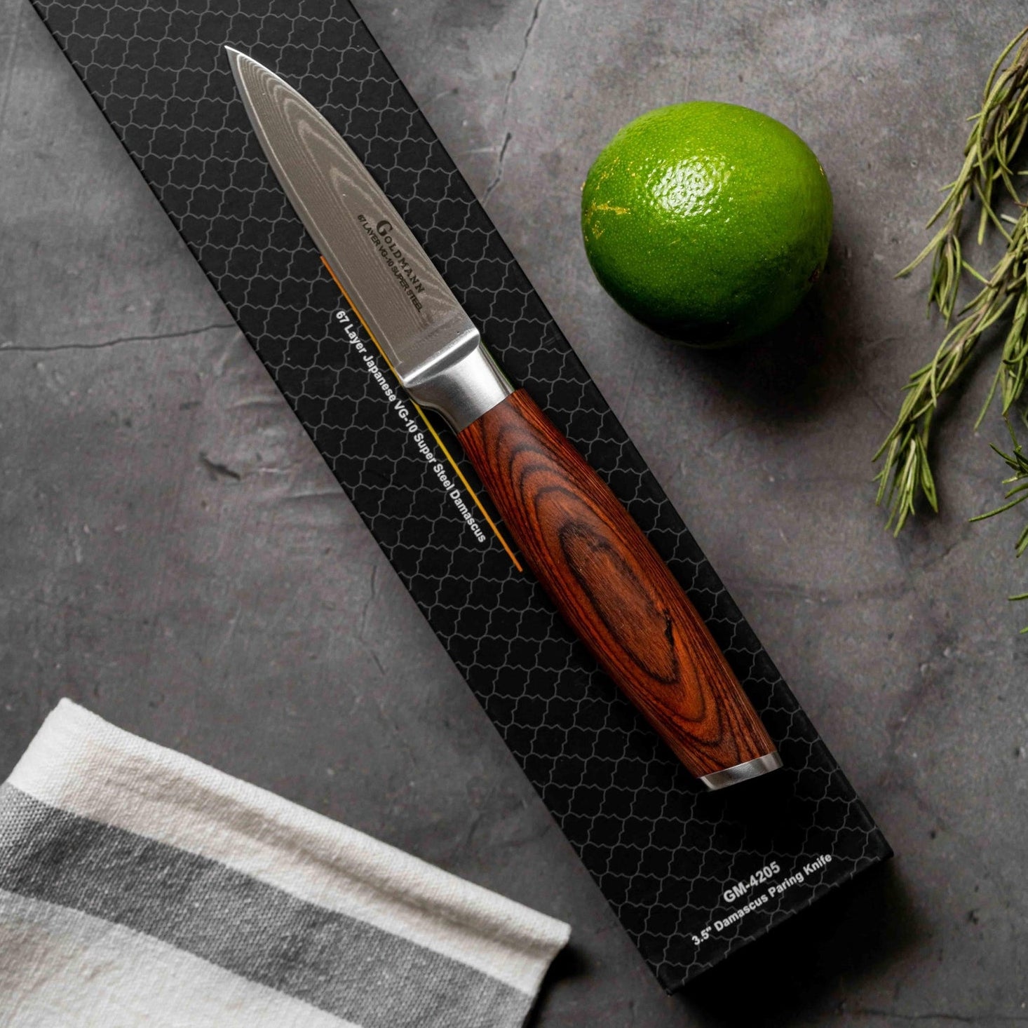 Cuțit Profesional Damascus VG10 cu mâner din lemn de pakka