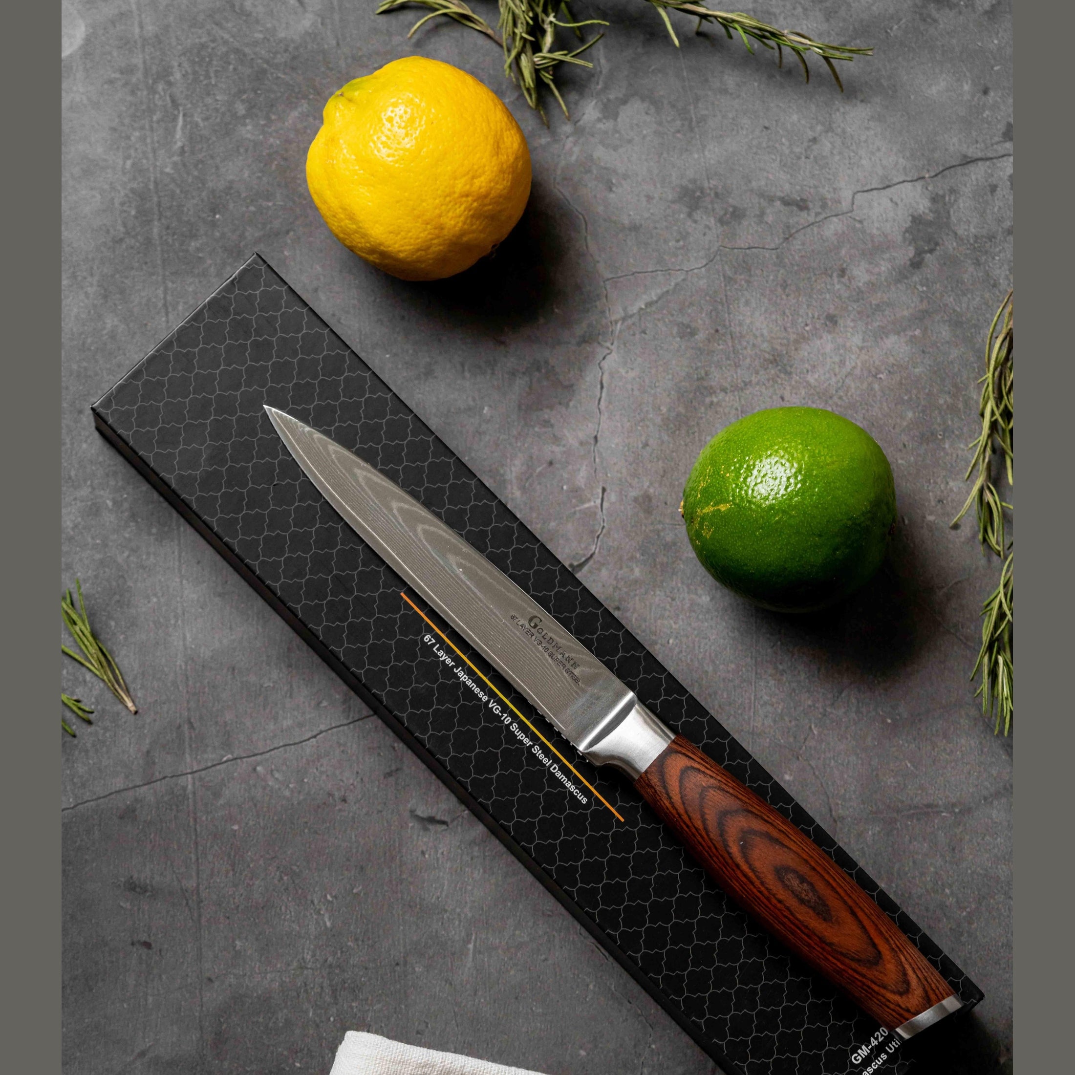 Cuțit Profesional Utilitar VG10, oțel Damasc, mâner pakka