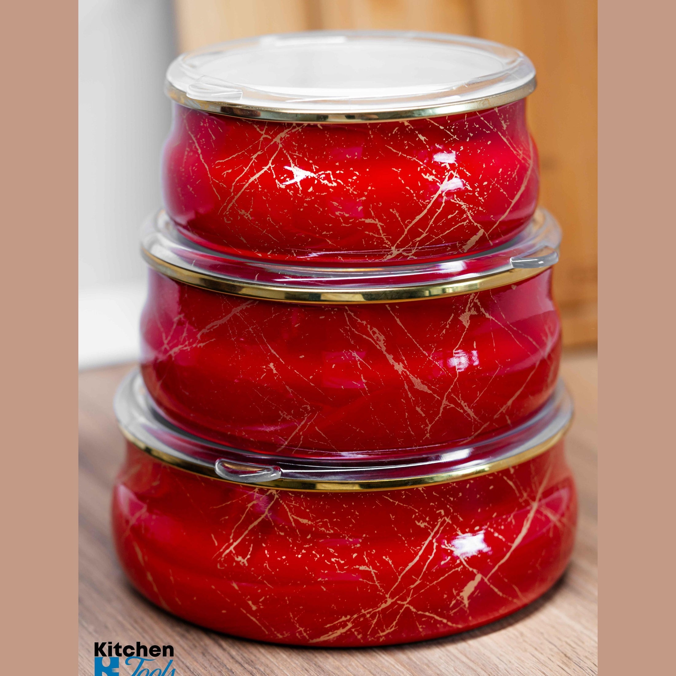 Set boluri emailate cu capac Goldmann, roșii