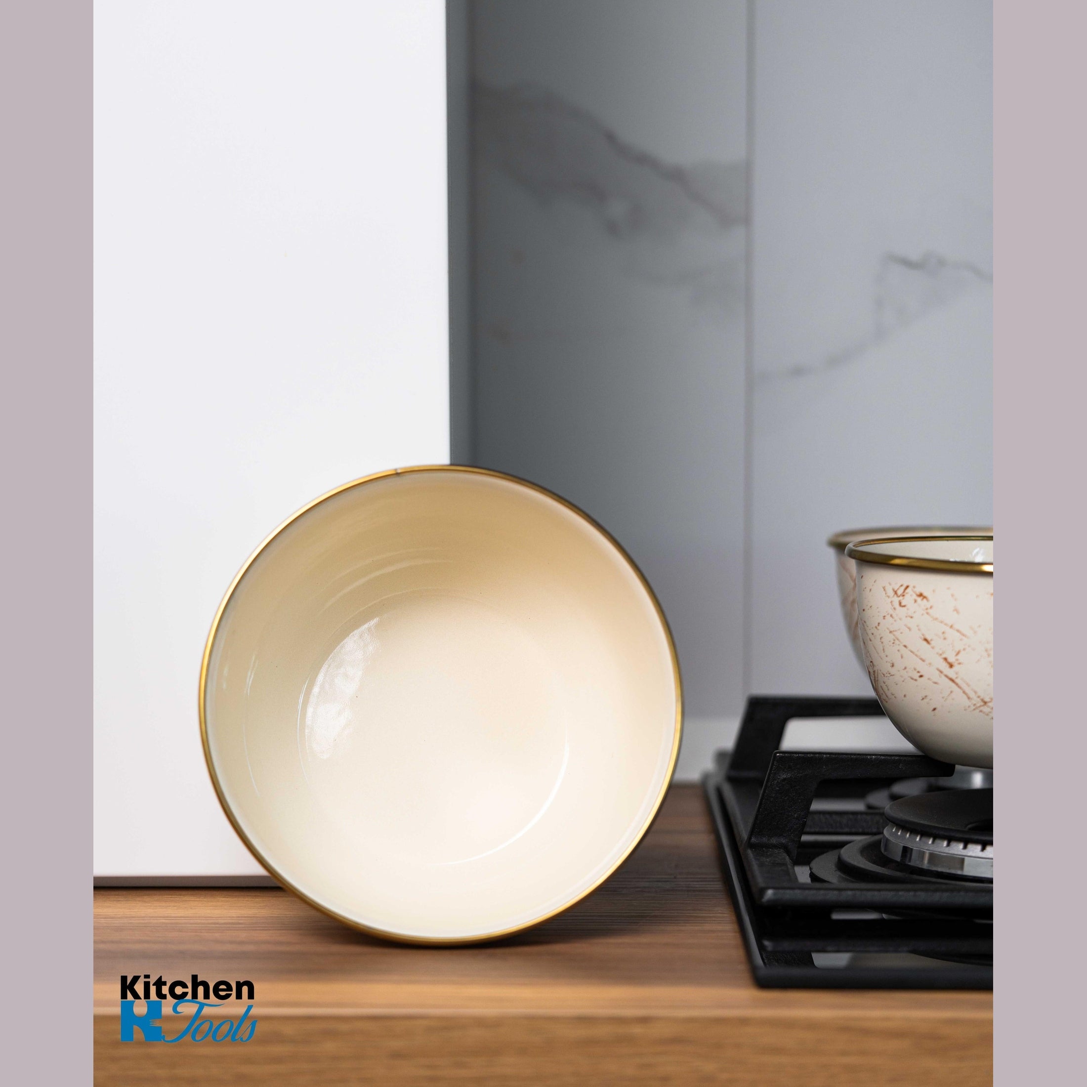 Bol emailat bej 2L, Goldmann, 18x9.5cm, margine cromată