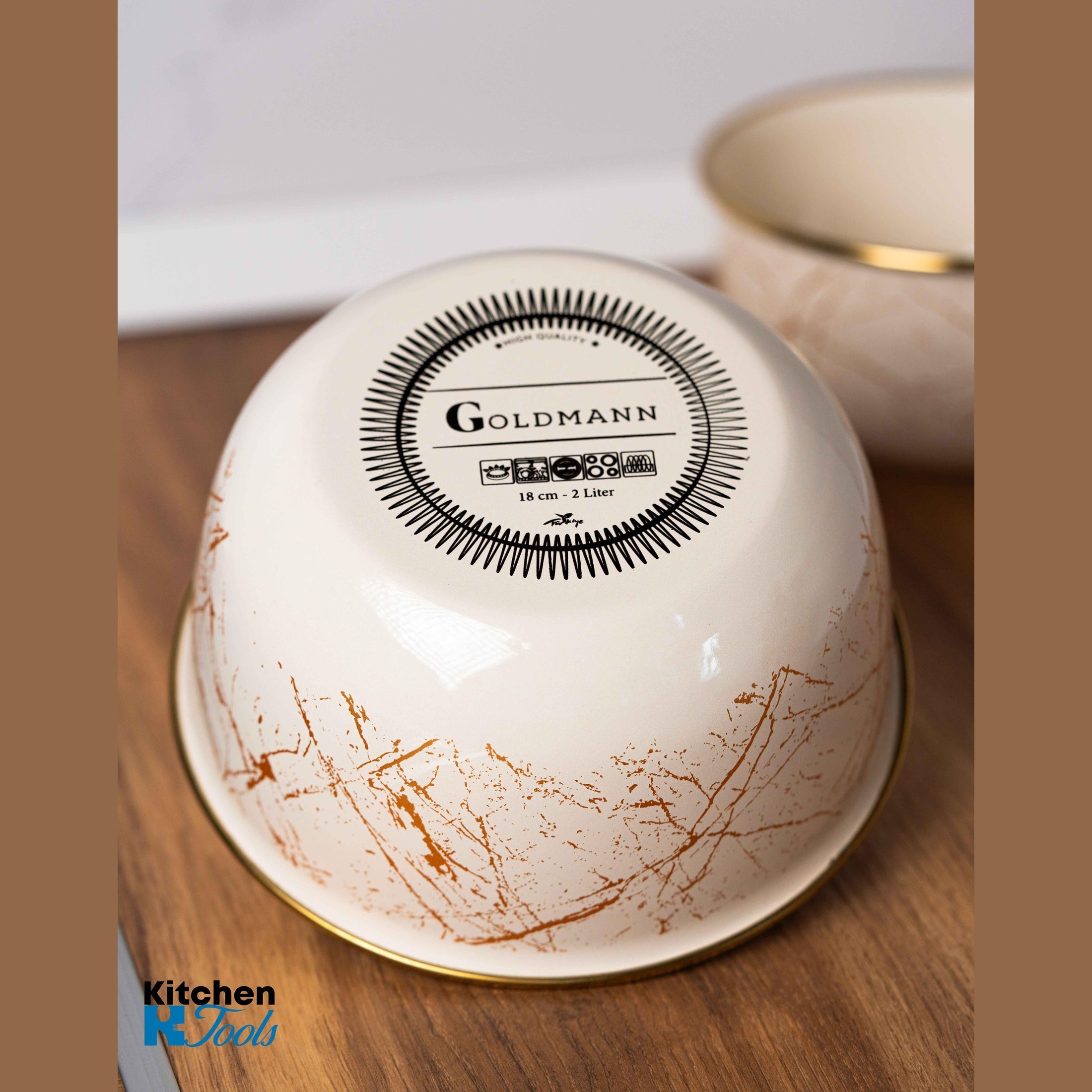Bol emailat bej 2L, Goldmann, 18x9.5cm, margine cromată