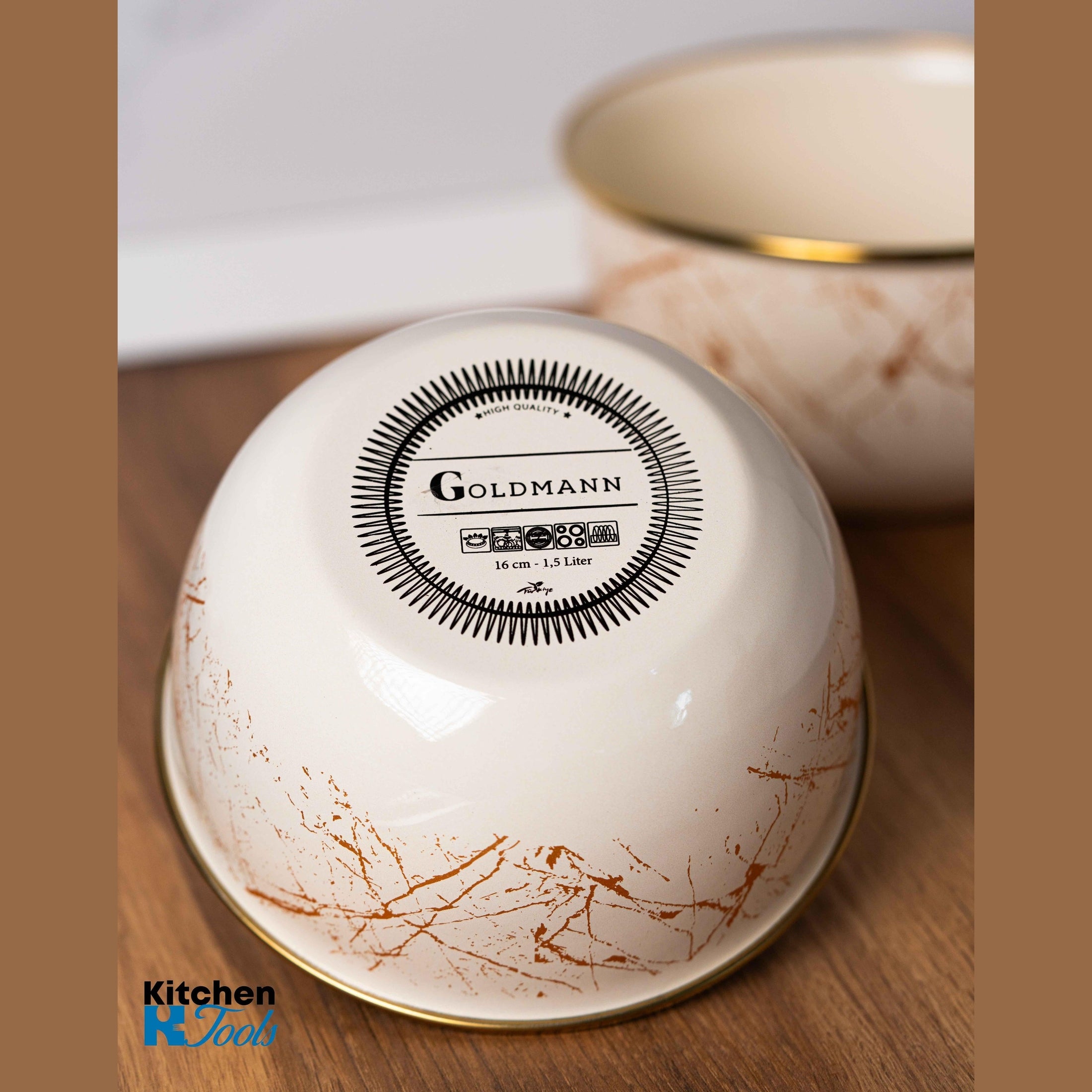 Bol Emailat Bej, 16x8.5cm, 1.5L, Margine Cromată