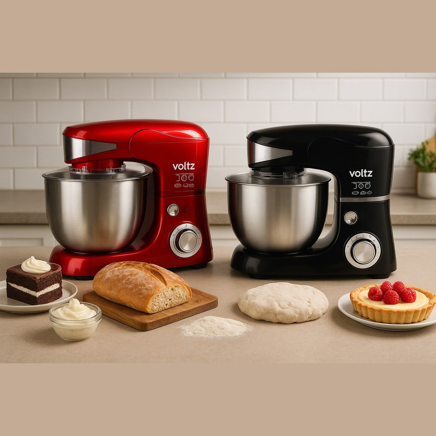 Mixer cu bol inox, 1600W, 5 litri, 3 accesorii incluse, 6 viteze, buton iluminat LED, Voltz, Rosu