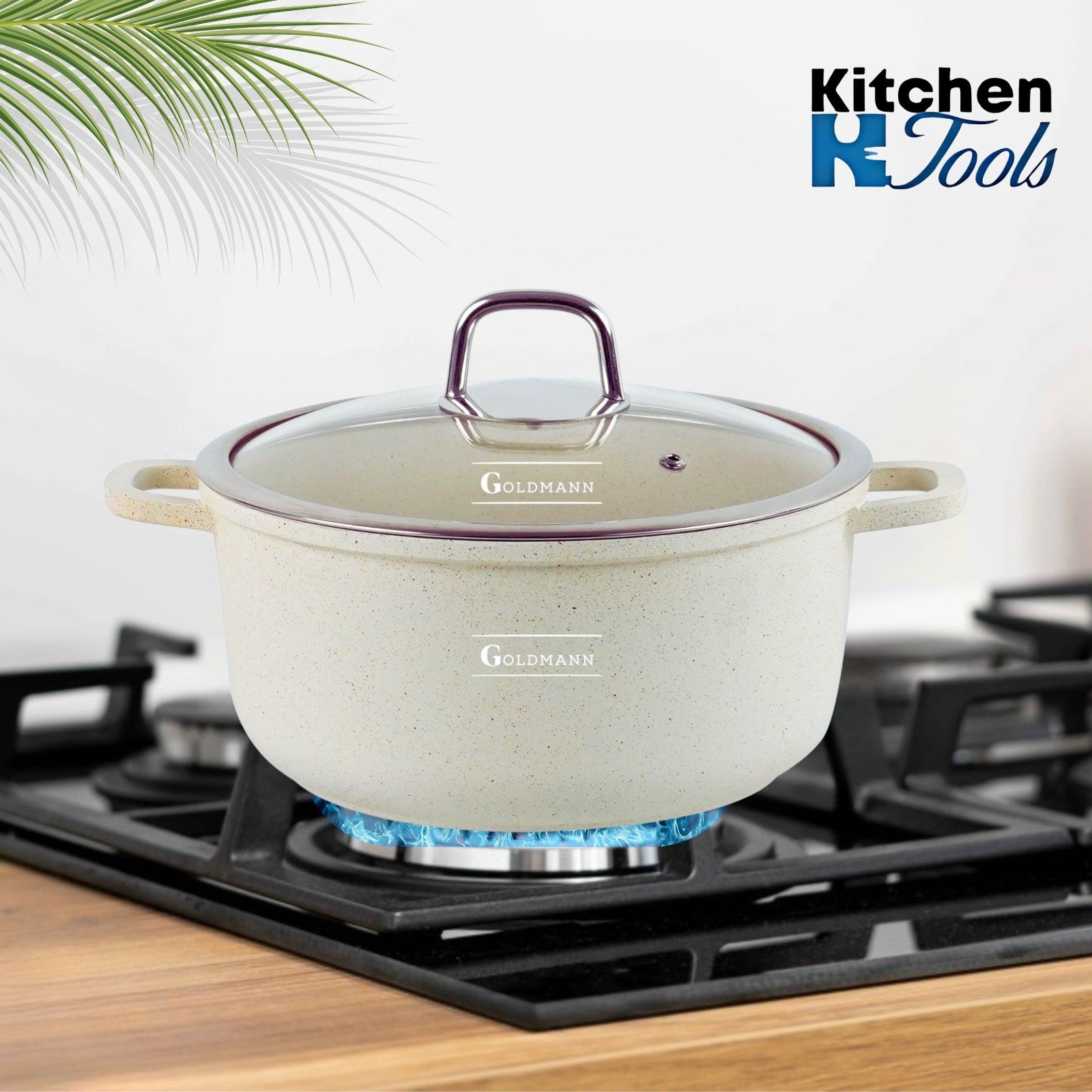 Cratita marmorata antiaderenta 2.3L, 20x8,5cm, aluminiu turnat, inclusiv inductie, capac sticla, ECO-friendly, Goldmann