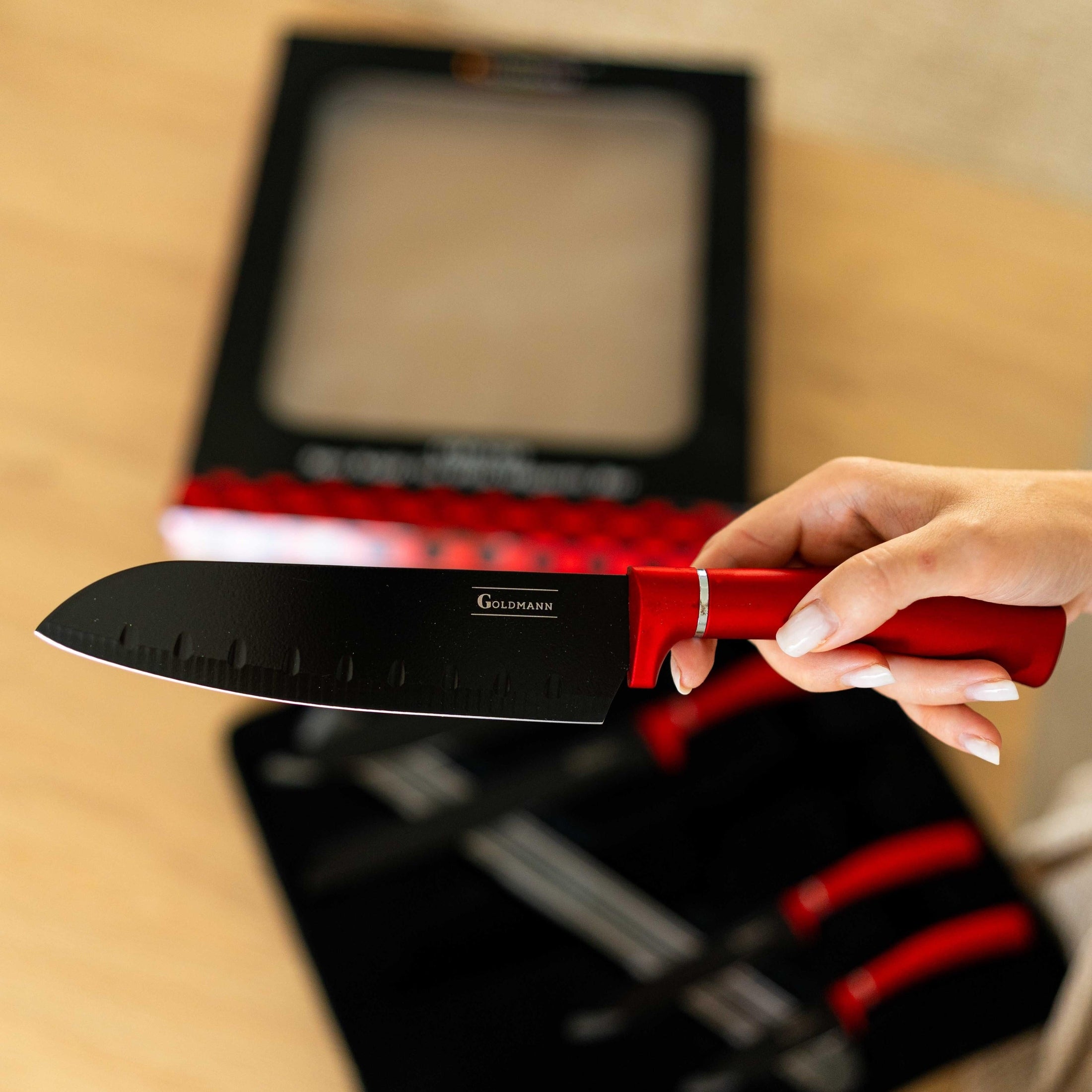 Set cutite 6 piese, bara magnetica cu maner soft touch si insertie argintie, GOLDMANN