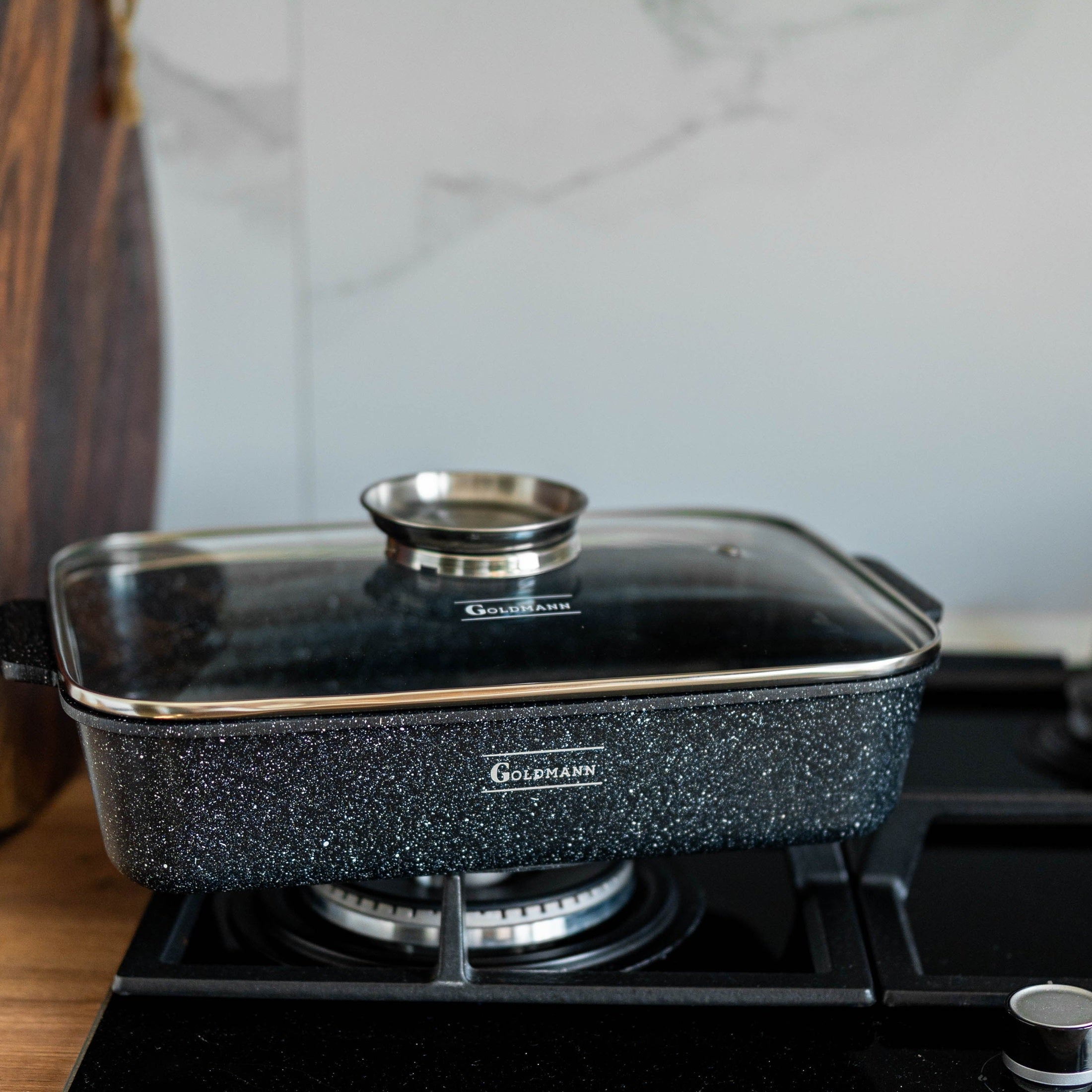 Roaster capac din sticla, 32x23x7.5cm, Interior din marmura, Temperatura de utilizare -20 pana la +220 ° C, 3 Straturi