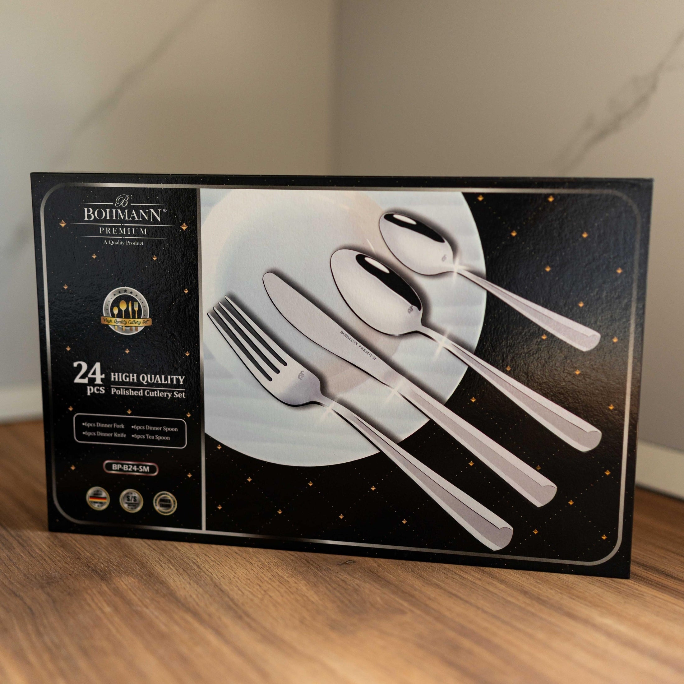 Set tacamuri 24 piese, 6 persoane, otel inoxidabil, Bohmann Premium, Argintiu