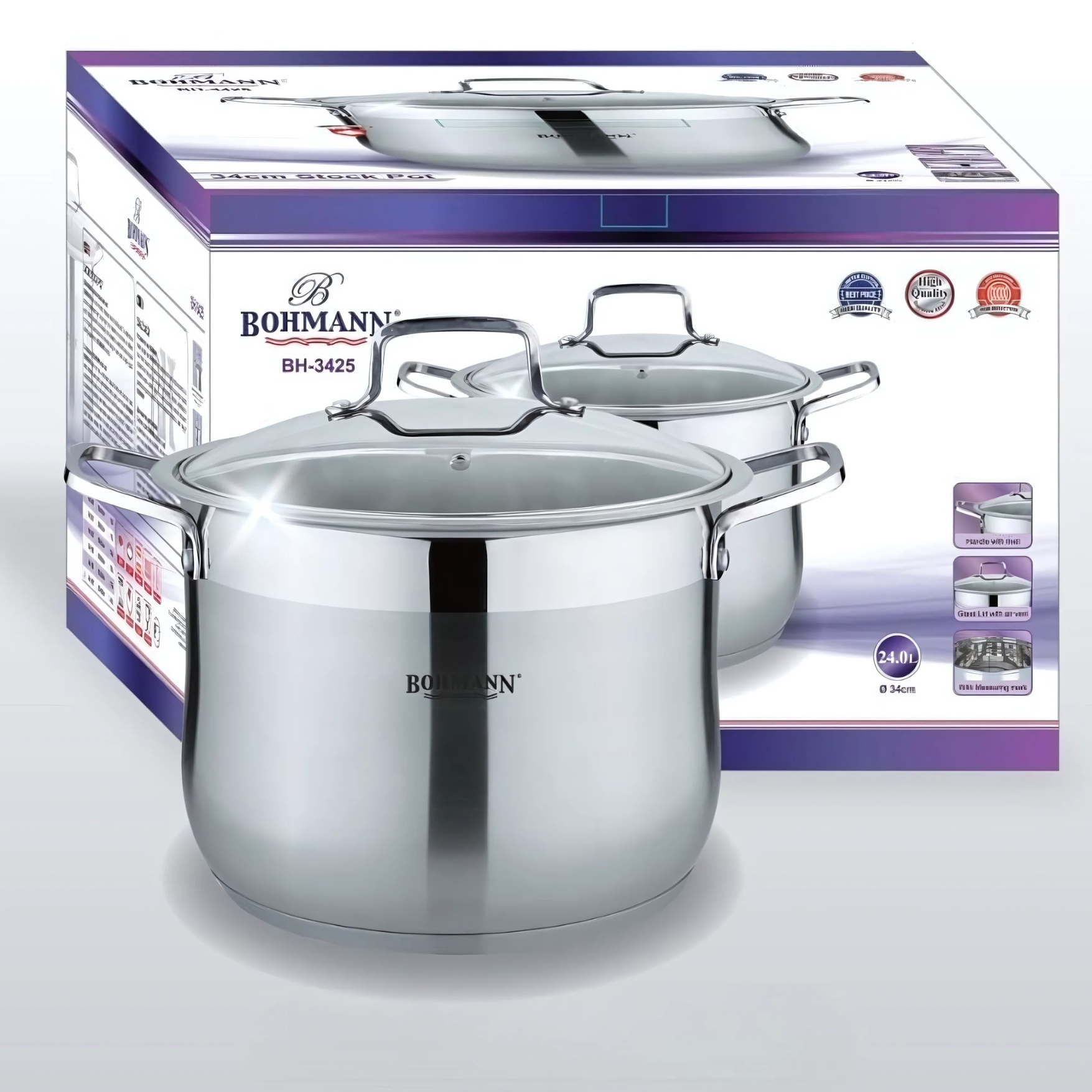 Oala din inox cu capac din sticla, 9L, Dimensiuni Ø24 x 19 cm, Compatibilă cu Inducție, Bohmann