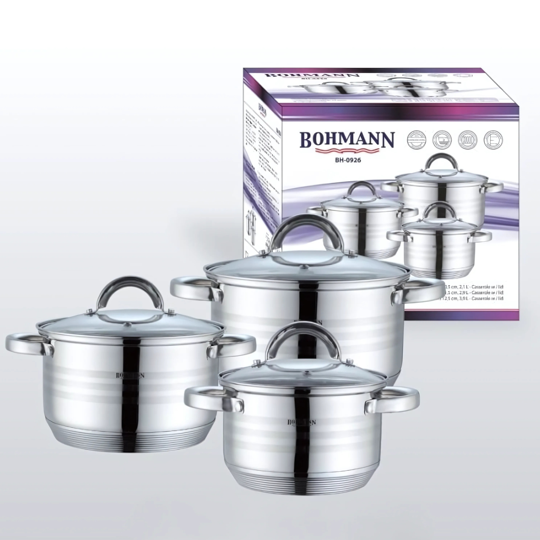 Set 3 oale din inox cu capac, 2.1l, 2.9l, 3.9l, Bohmann