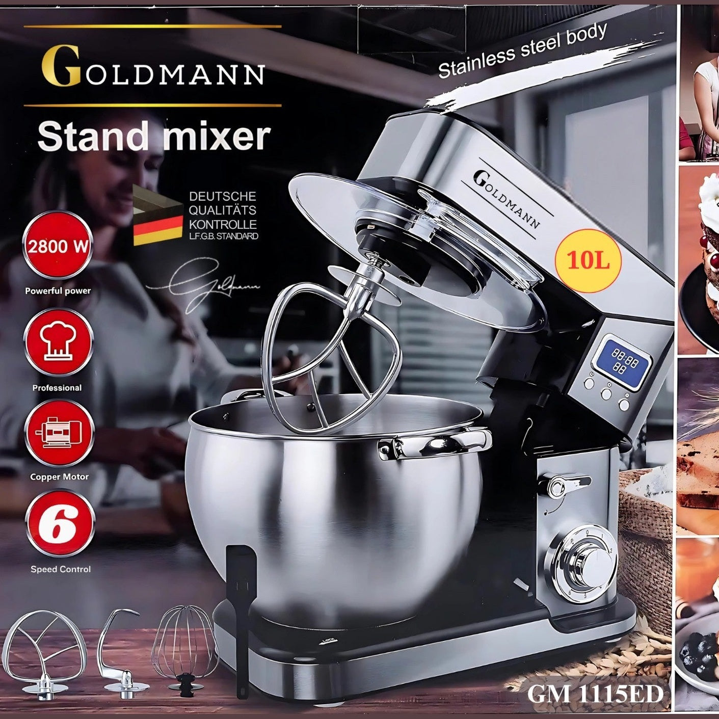 Mixer planetar, 2800 W, Bol 10 L Inox, 5 Accesorii, 6 Viteze, Timer/Cronometru, Angrenaje metalice, Carcasa inox, GOLDMANN, Gri