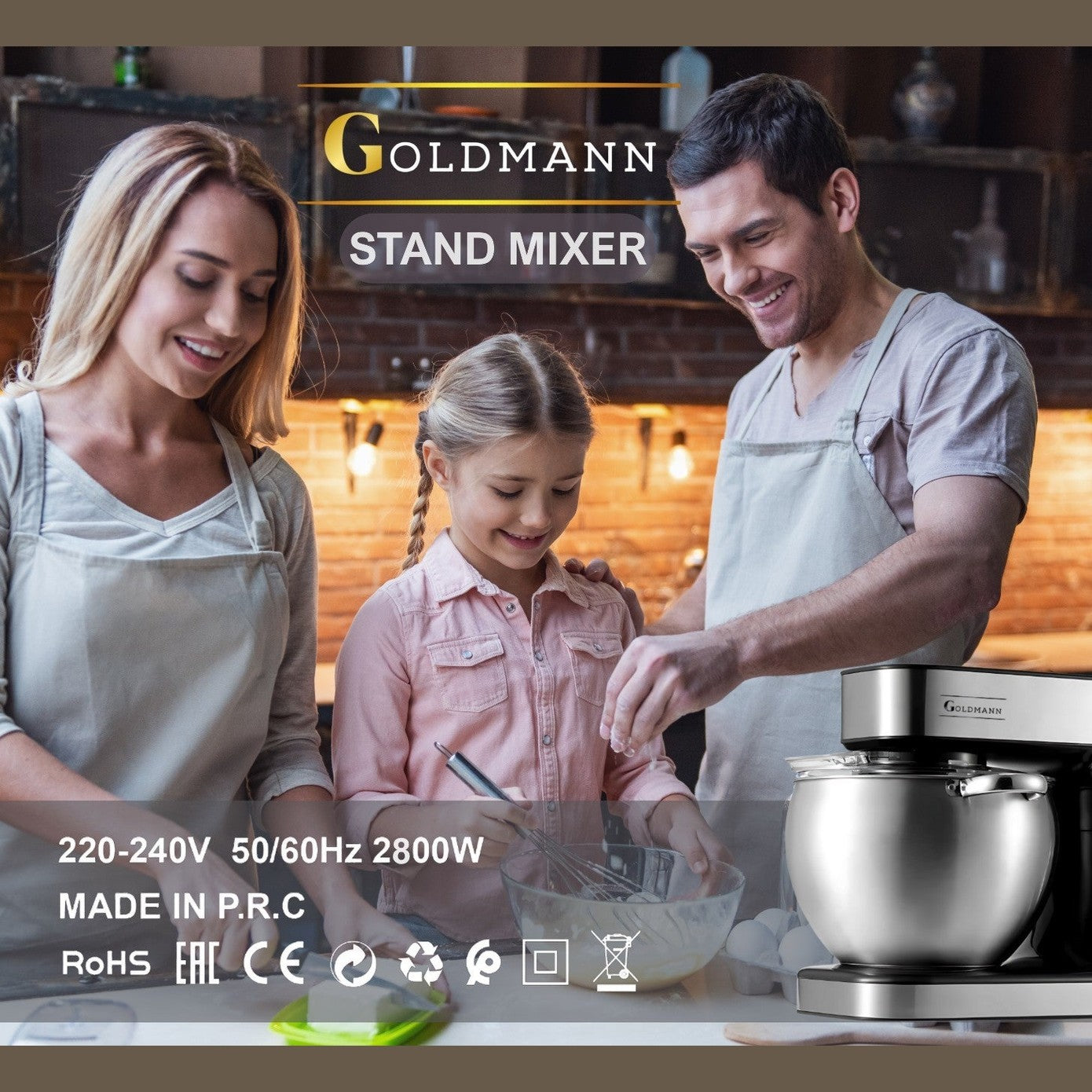 Mixer planetar, 2800 W, Bol 10 L Inox, 5 Accesorii, 6 Viteze, Timer/Cronometru, Angrenaje metalice, Carcasa inox, GOLDMANN, Gri