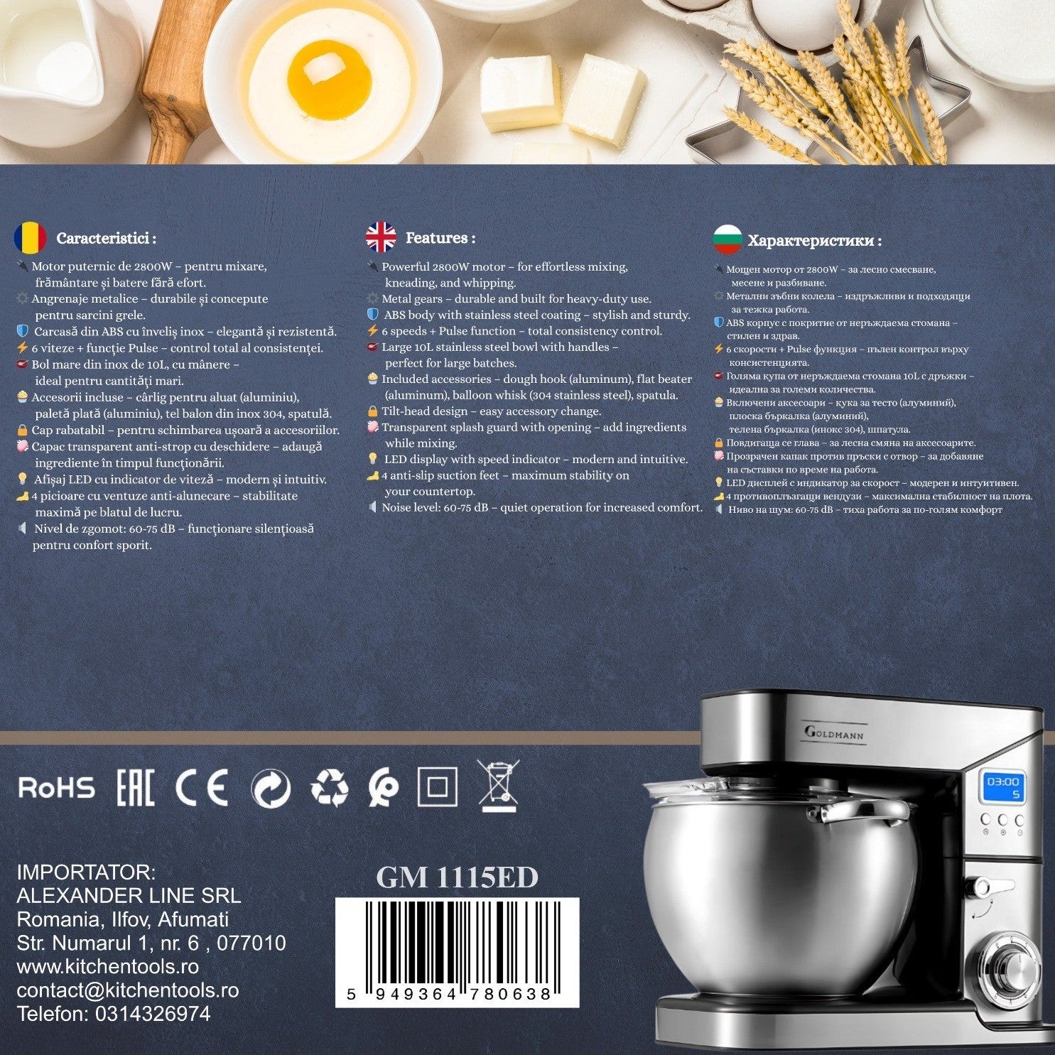 Mixer planetar, 2800 W, Bol 10 L Inox, 5 Accesorii, 6 Viteze, Timer/Cronometru, Angrenaje metalice, Carcasa inox, GOLDMANN, Gri