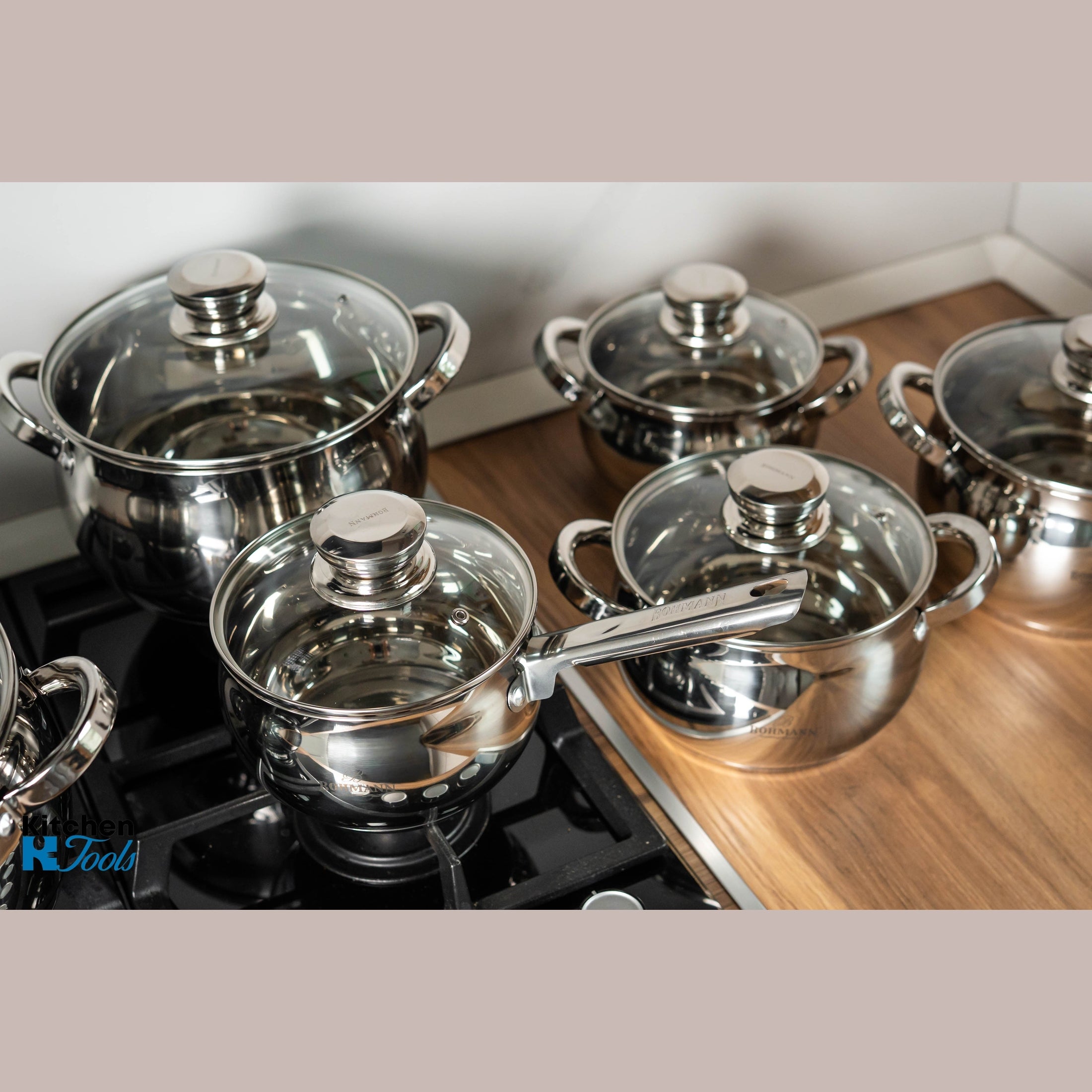 Set de vase pentru gatit 12 piese - oale din inox cu capac, 2.1l, 2.1l, 2.9l, 3.9l, 5.1l, 6,6l, Bohmann