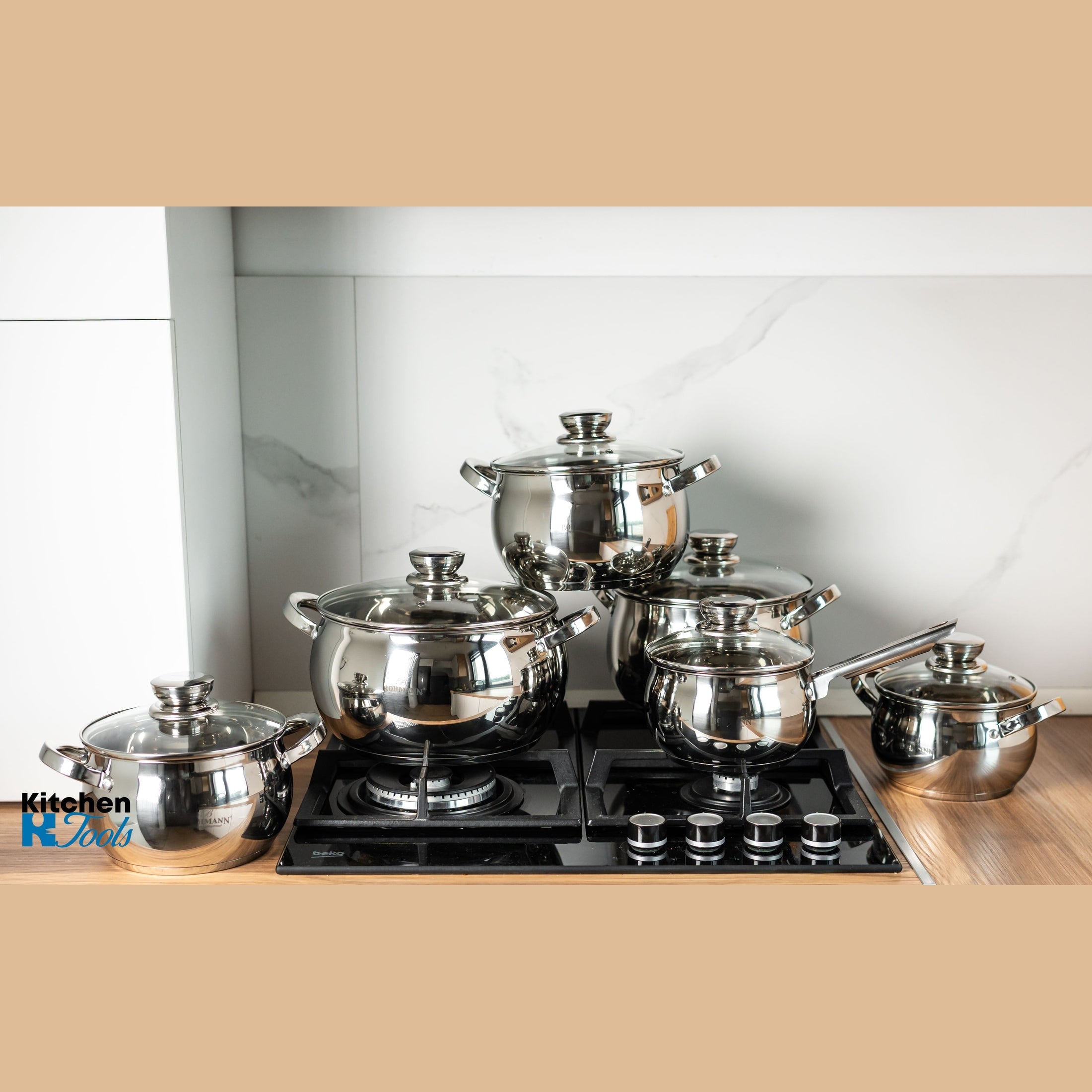 Set de vase pentru gatit 12 piese - oale din inox cu capac, 2.1l, 2.1l, 2.9l, 3.9l, 5.1l, 6,6l, Bohmann