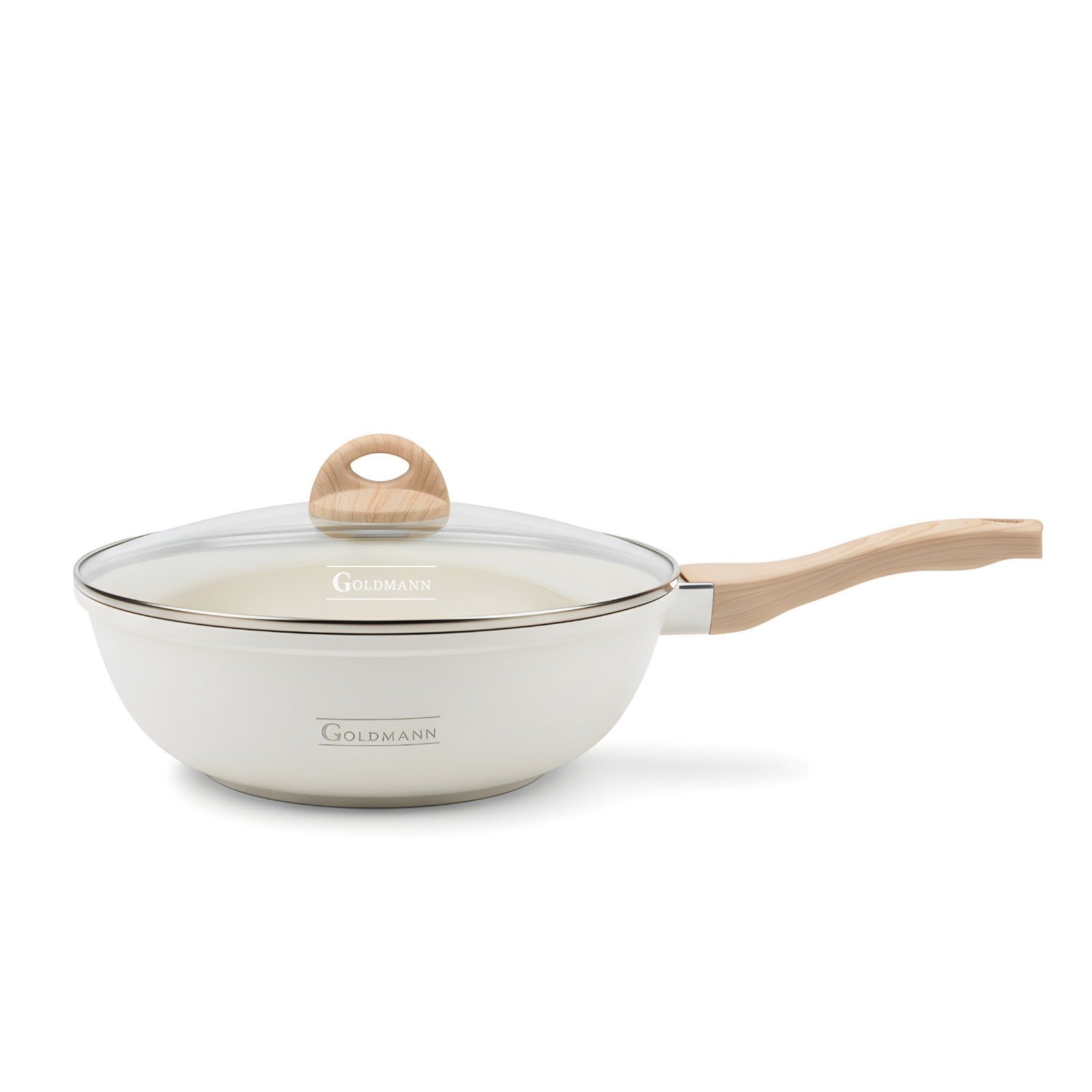 Tigaie Wok aluminiu turnat, 30x9.5 cm, Goldmann, capac termorezistent, acoperire ceramica, maner soft touch