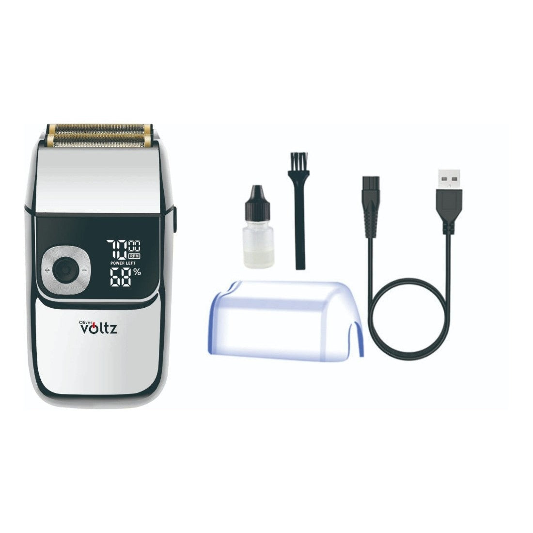 Aparat de ras 2 in 1, cu trimmer, 3 trepte de viteza, 5W, LCD, 1400mAh, rezistent la apa IPX4, Oliver Voltz, argintiu