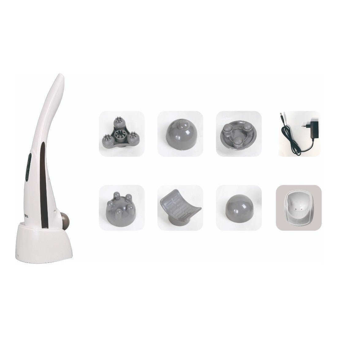 Aparat de masaj portabil, 12W, 4 moduri, 5 trepte de intensitate, 6 capete interschimbabile, Oliver Voltz, alb