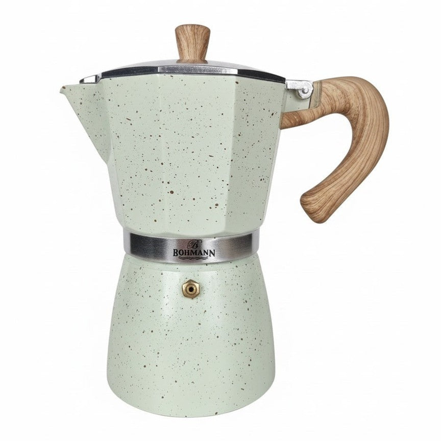 Espressor de cafea din aluminiu, 9 cupe, acoperire marmorata, maner lemn, compatibil inductie, Bohmann, bej