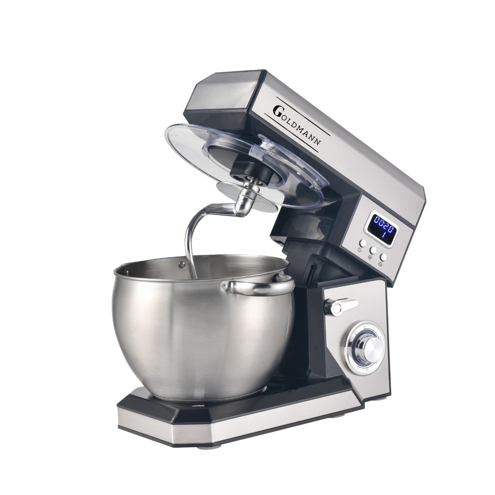 Mixer planetar, 2200 W, Bol 8.5 L Inox, 5 Accesorii, 6 Viteze, Timer/Cronometru, Angrenaje metalice, Carcasa inox, GOLDMANN, Gri