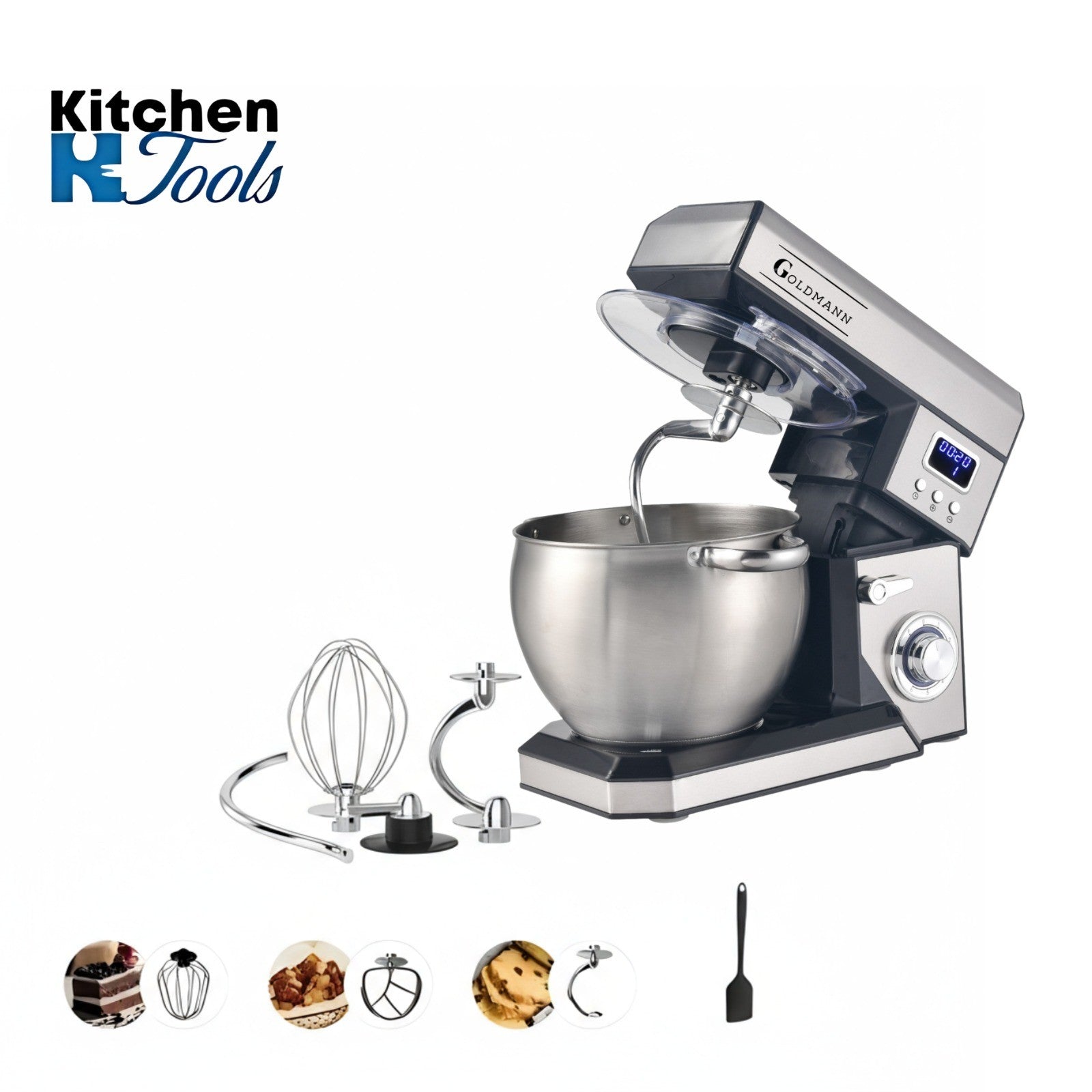 Mixer planetar, 2200 W, Bol 8.5 L Inox, 5 Accesorii, 6 Viteze, Timer/Cronometru, Angrenaje metalice, Carcasa inox, GOLDMANN, Gri