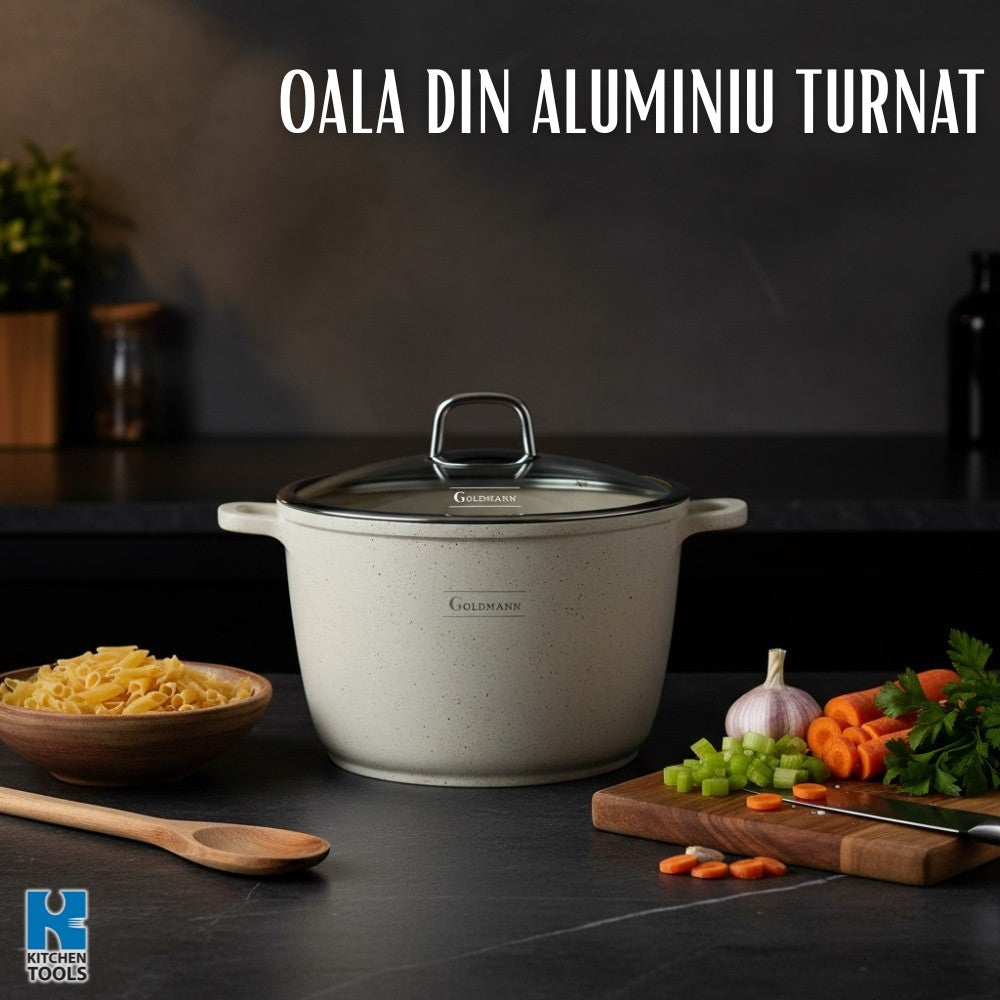 Oala aluminiu turnat , 20x16 cm,4 litri, Goldmann, ACOPERIRE ANTIADERENTĂ DIN MARMURĂ capac termorezistent