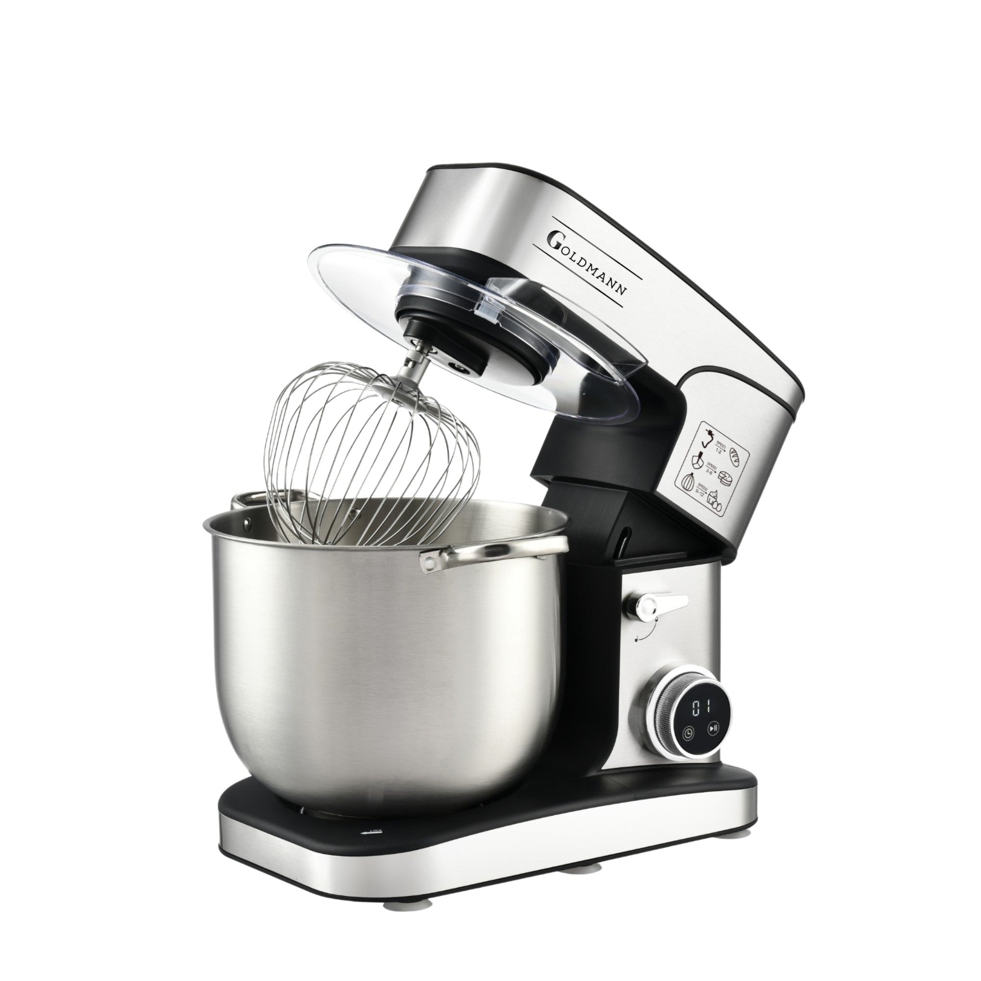 Mixer planetar, 3200 W, Bol 16 L Inox, 5 Accesorii, 6 Viteze, Timer/Cronometru, Angrenaje metalice, Carcasa inox, GOLDMANN, Gri