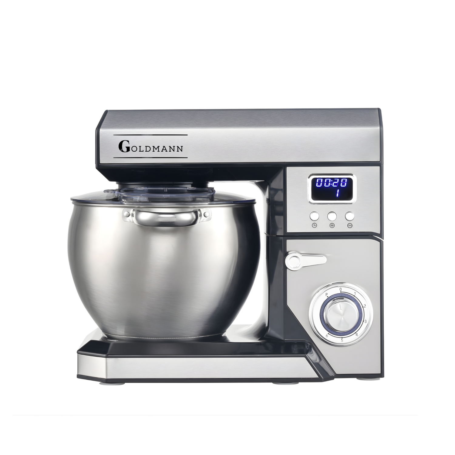 Mixer planetar, 2200 W, Bol 8.5 L Inox, 5 Accesorii, 6 Viteze, Timer/Cronometru, Angrenaje metalice, Carcasa inox, GOLDMANN, Gri