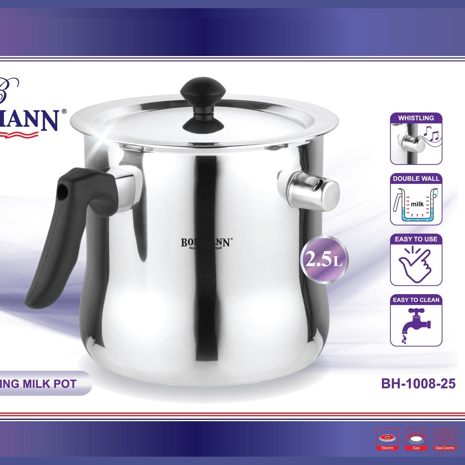 Oala de lapte inox Bohmann 2.5L cu capac și fluier