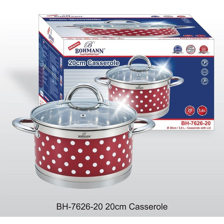 Oala din inox Bohmann cu buline, 20cm, capac sticla