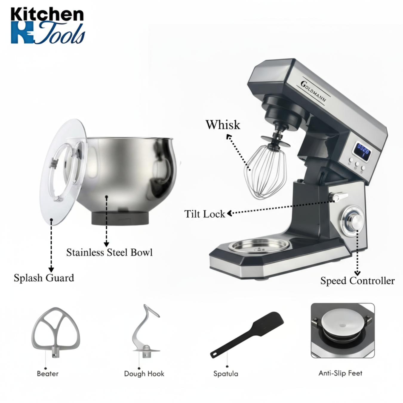 Mixer planetar, 2200 W, Bol 8.5 L Inox, 5 Accesorii, 6 Viteze, Timer/Cronometru, Angrenaje metalice, Carcasa inox, GOLDMANN, Gri