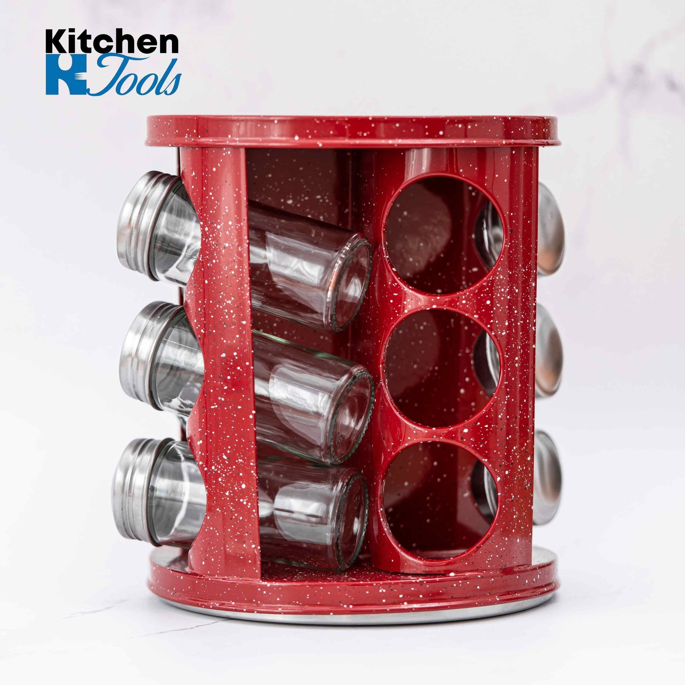 Set condimente rotativ, 12 recipiente roșu marmorat