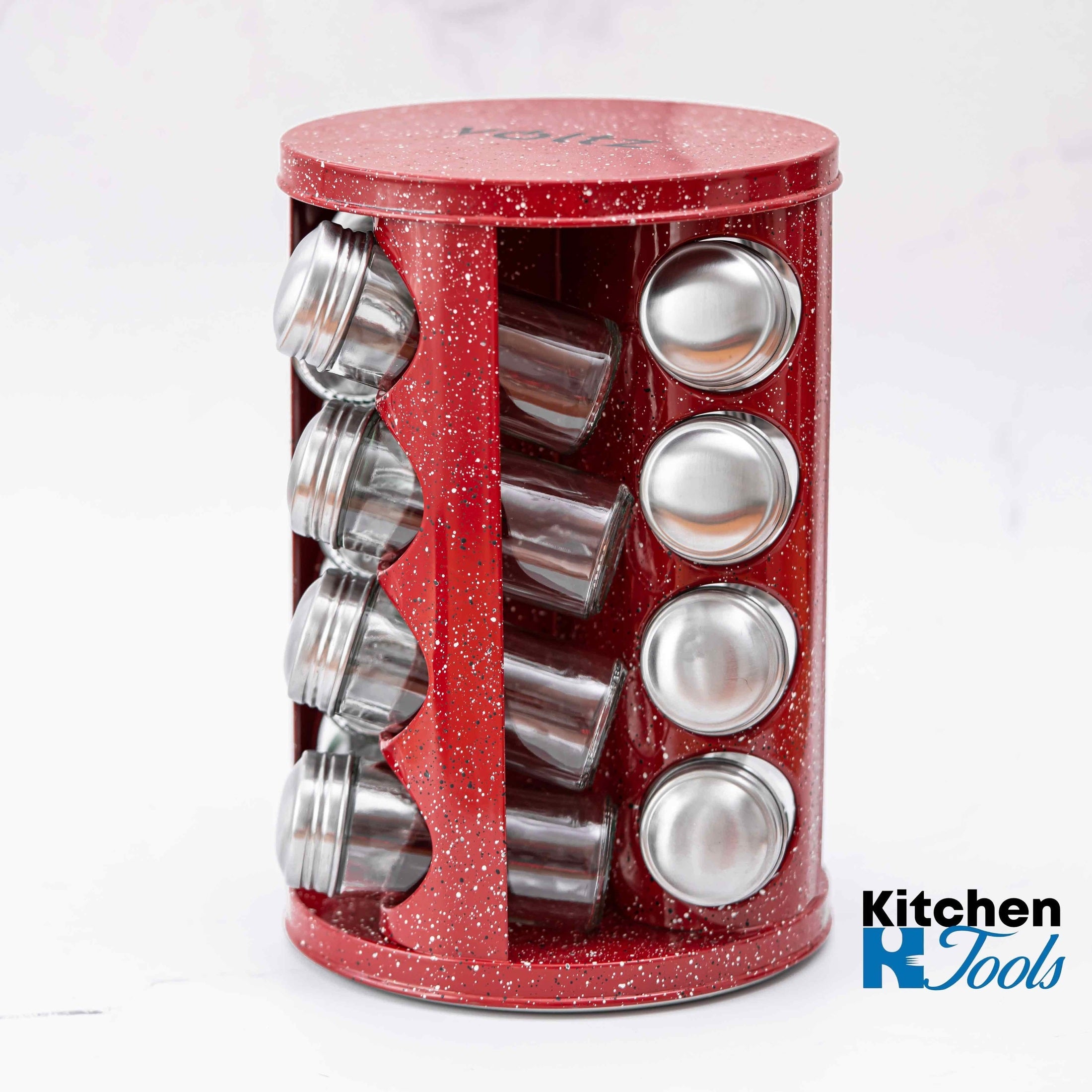Set condimente rotativ cu 16 borcane roșu-marmorat