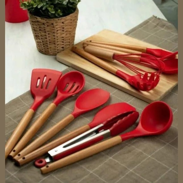 Set Ustensile Bucătărie 11 Piese Lemn și Silicon