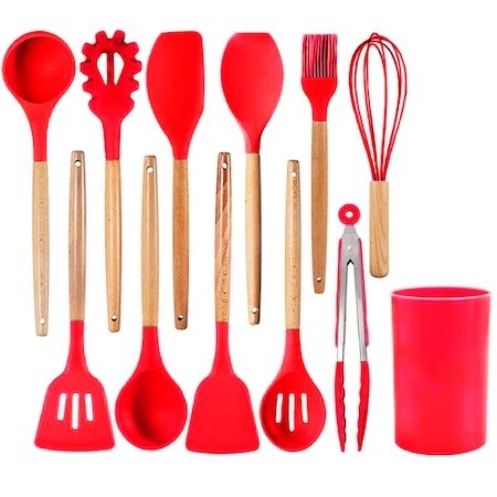 Set Ustensile Bucătărie 11 Piese Lemn și Silicon