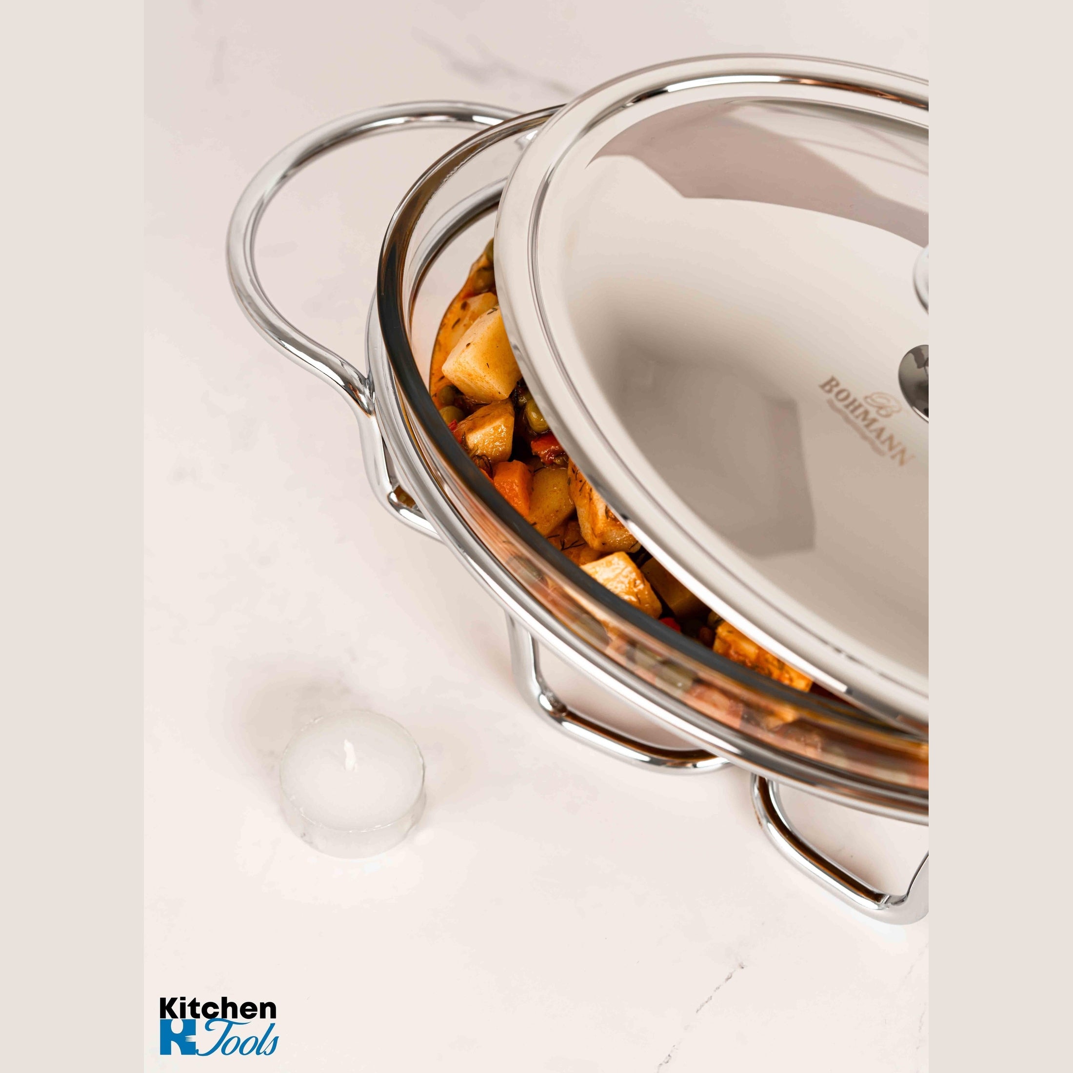 Chafing dish sticla 1.6L cu capac si suport inox