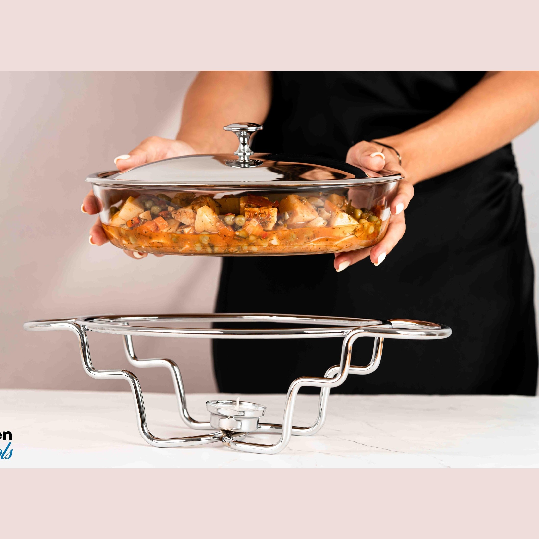 Chafing dish sticla 1.6L cu capac si suport inox