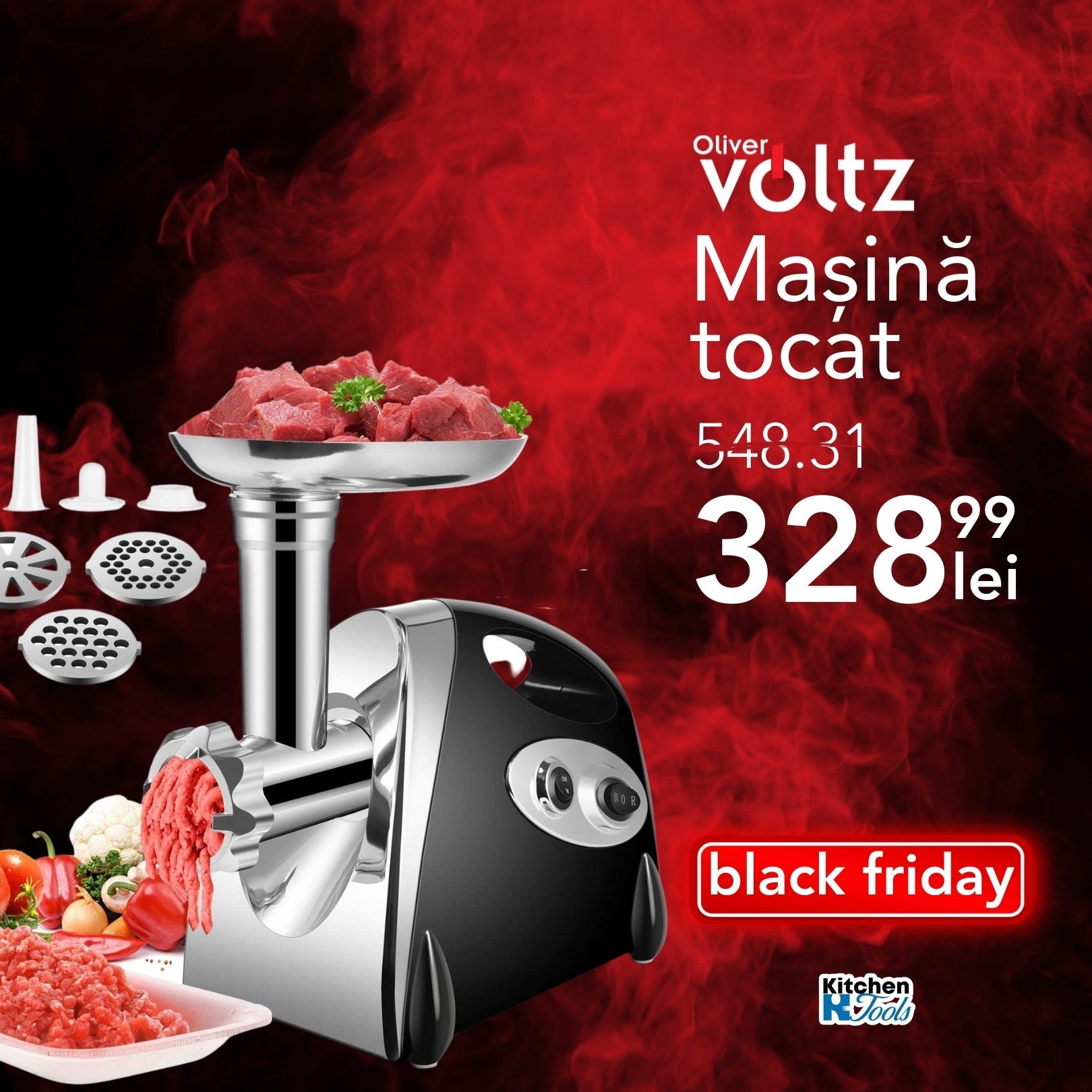 Masina de tocat carne Voltz cu accesorii, 1400W, Negru
