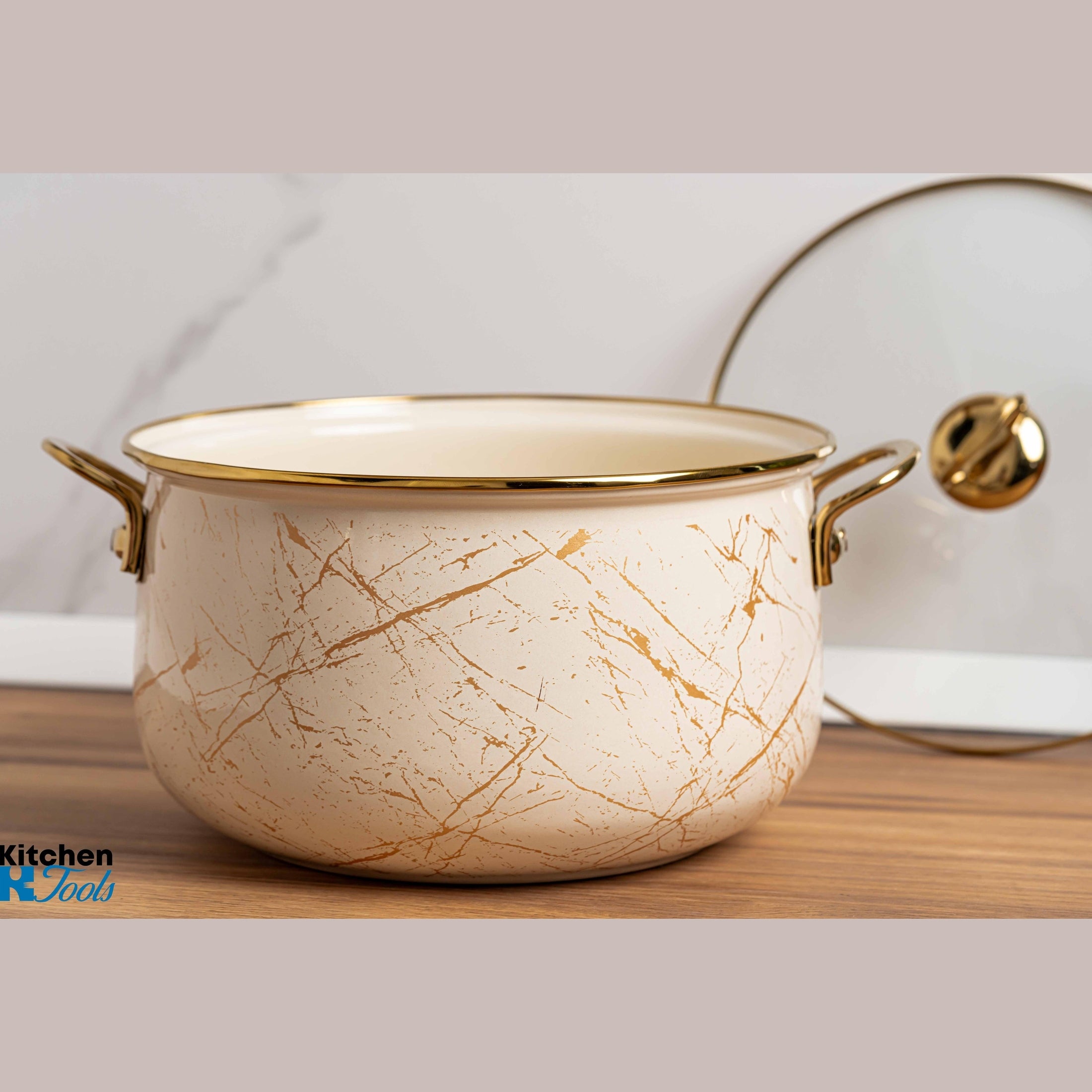 Cratiță Emailată Goldmann cu Manere Aurii și Capac Sticlă