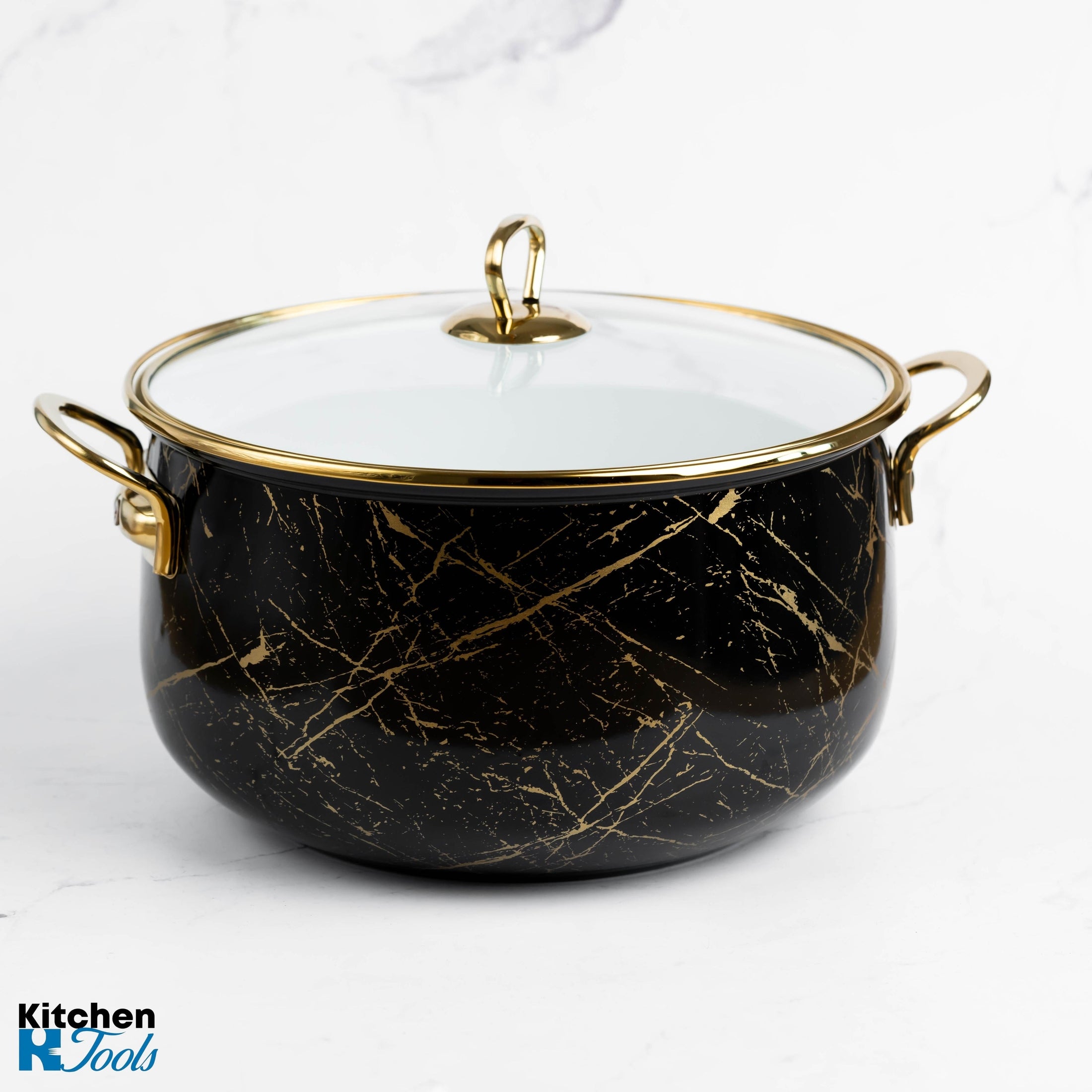 Cratiță emailată neagră cu manere aurii și capac sticlă