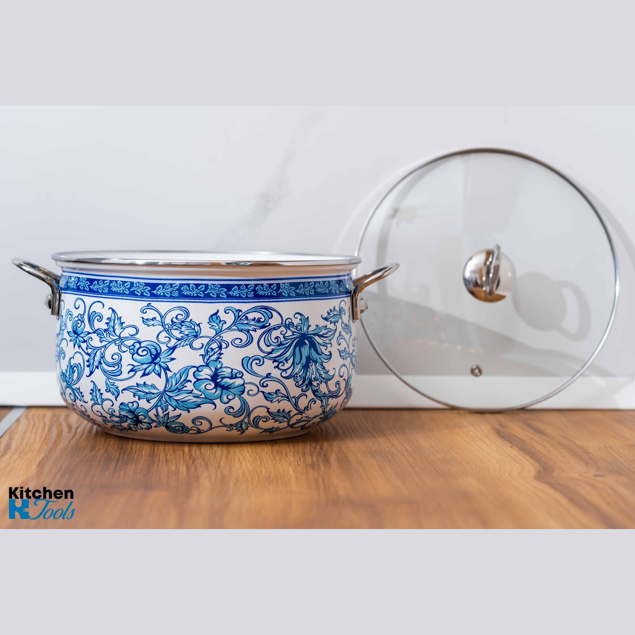 Cratita emailata Goldmann, model floral albastru