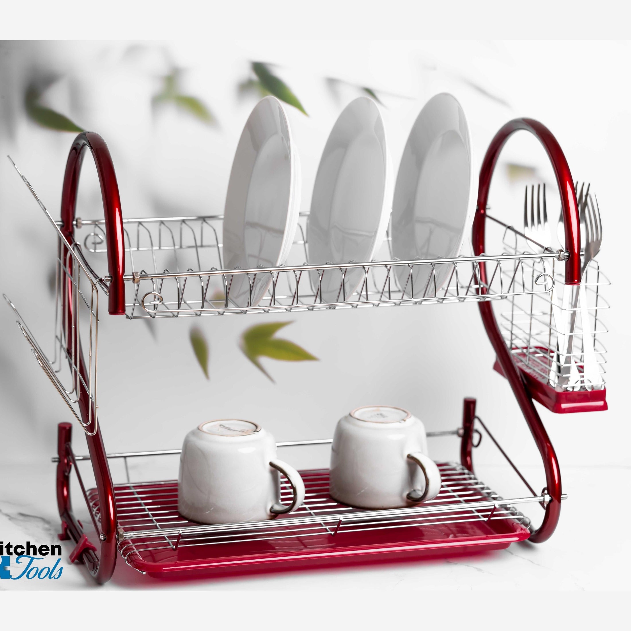 Uscător de vase inox Rosberg, 2 nivele, roșu