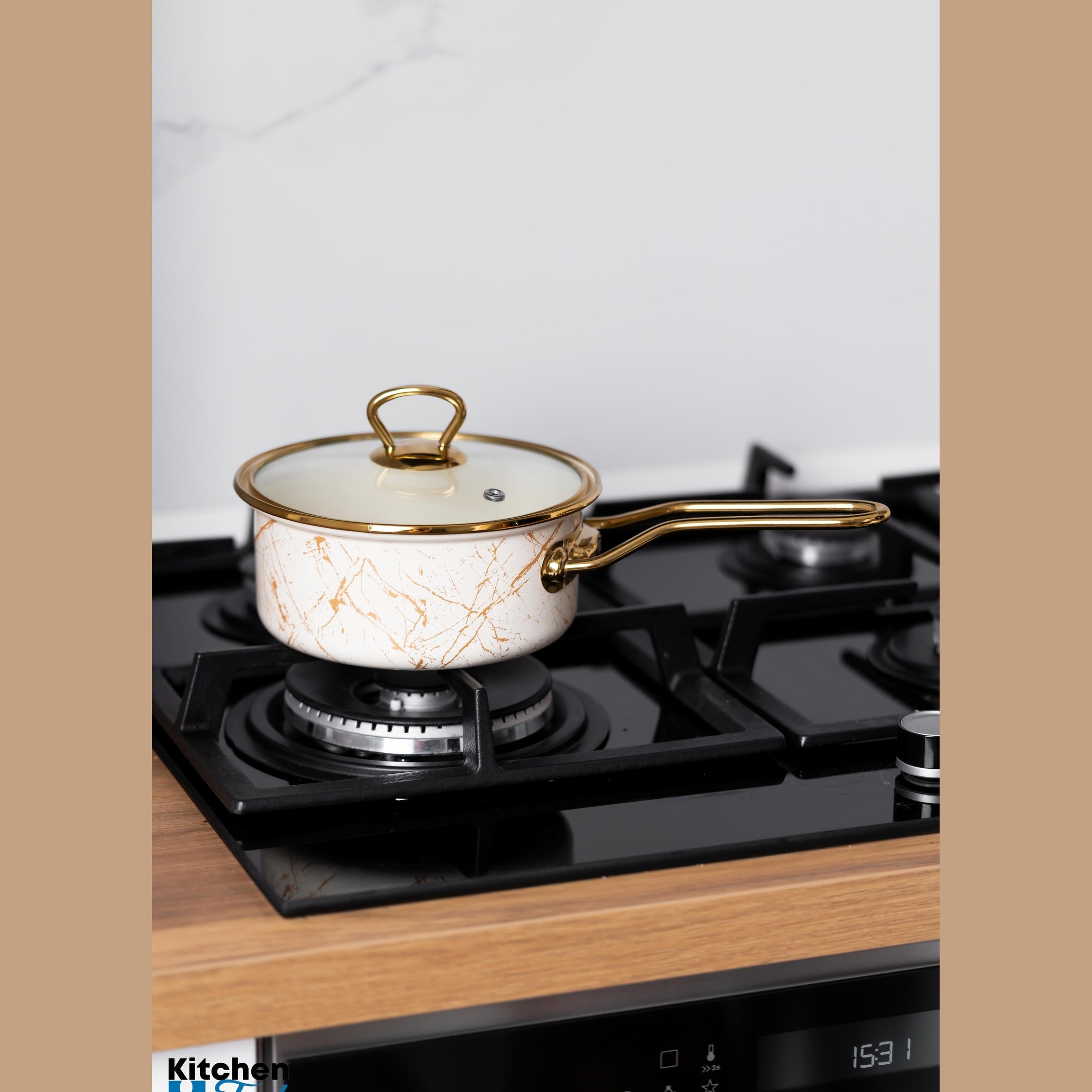 Cratiță emailată Goldmann cu manere aurii și capac sticlă