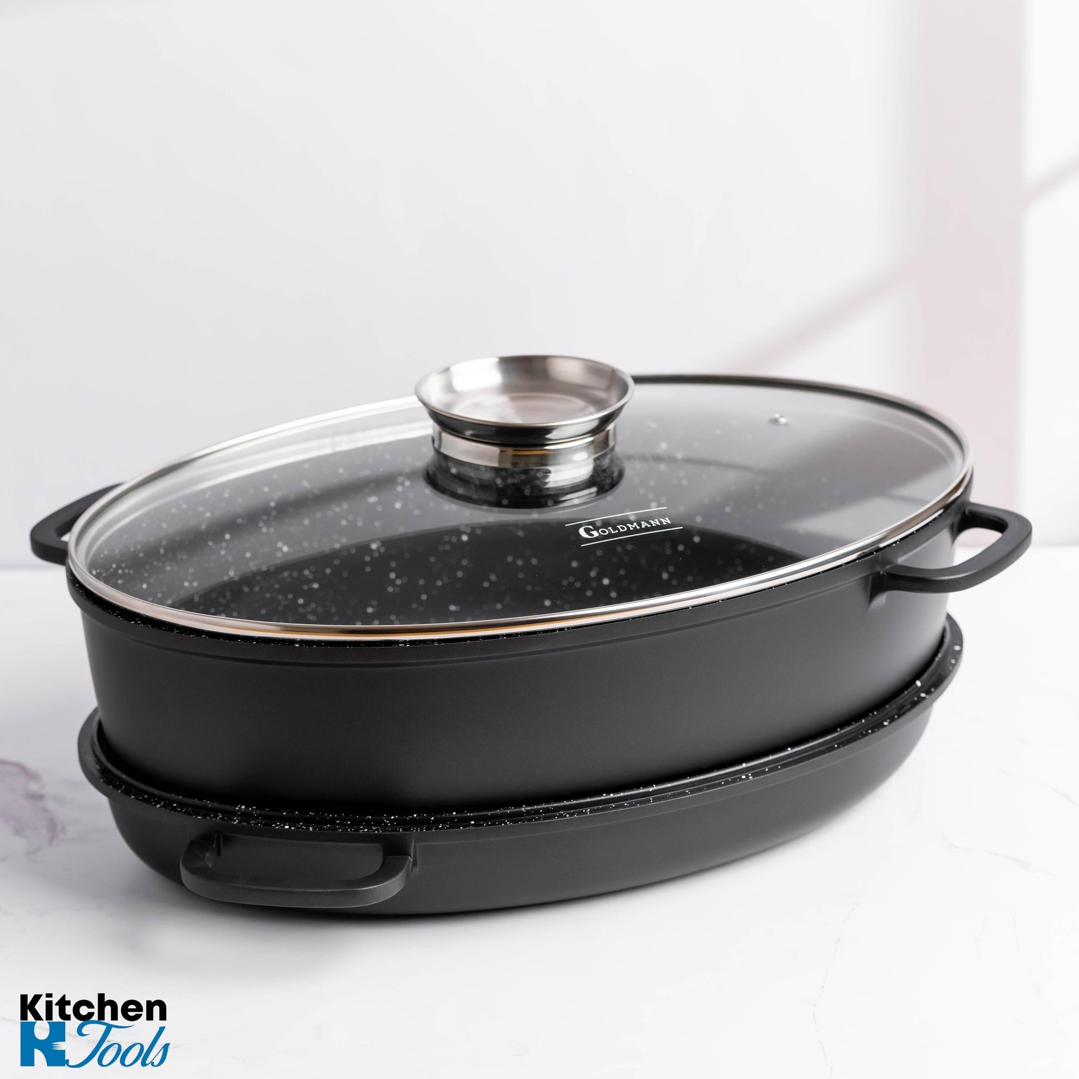 Set 3 piese roaster oval Goldmann cu capac sticlă