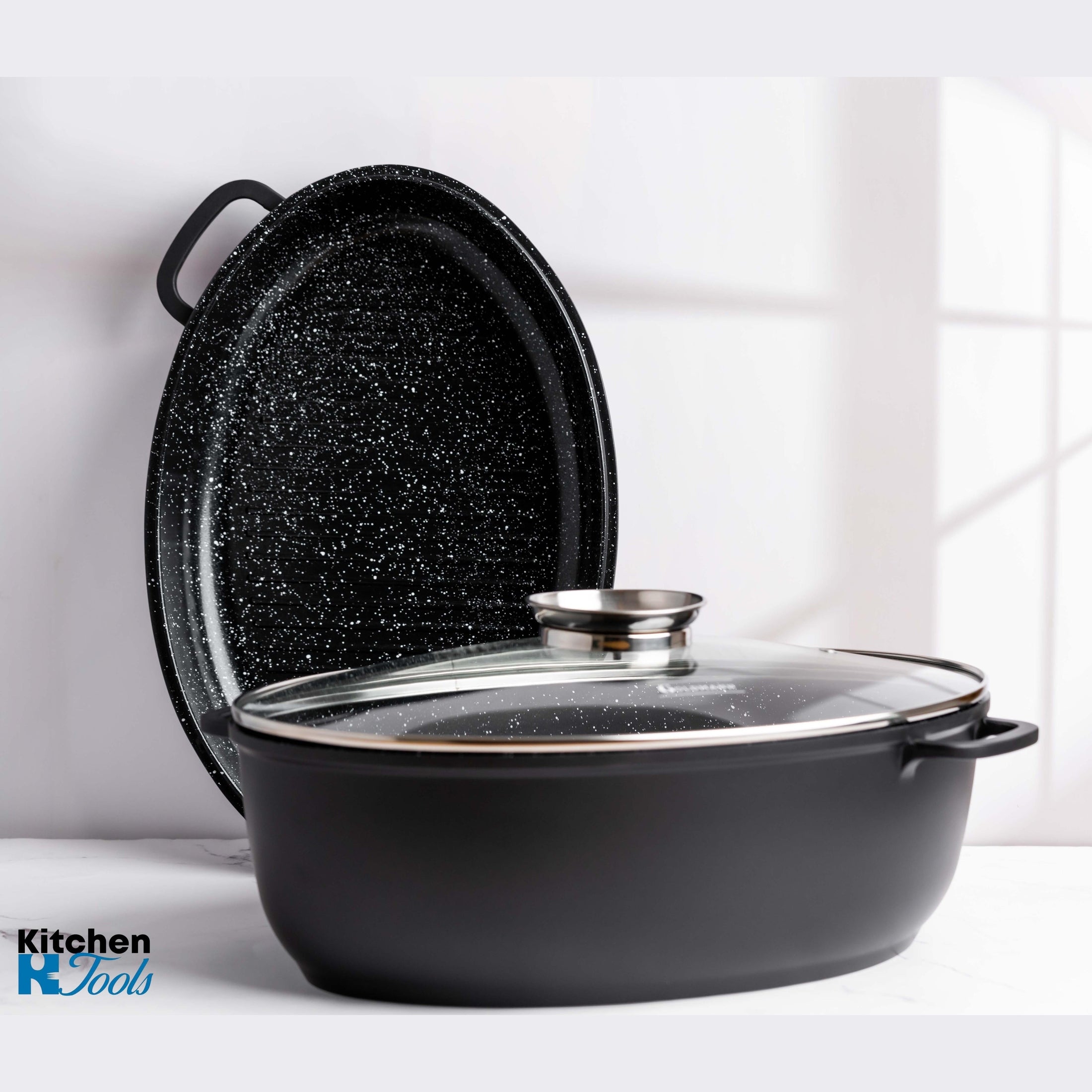 Set 3 piese roaster oval Goldmann cu capac sticlă