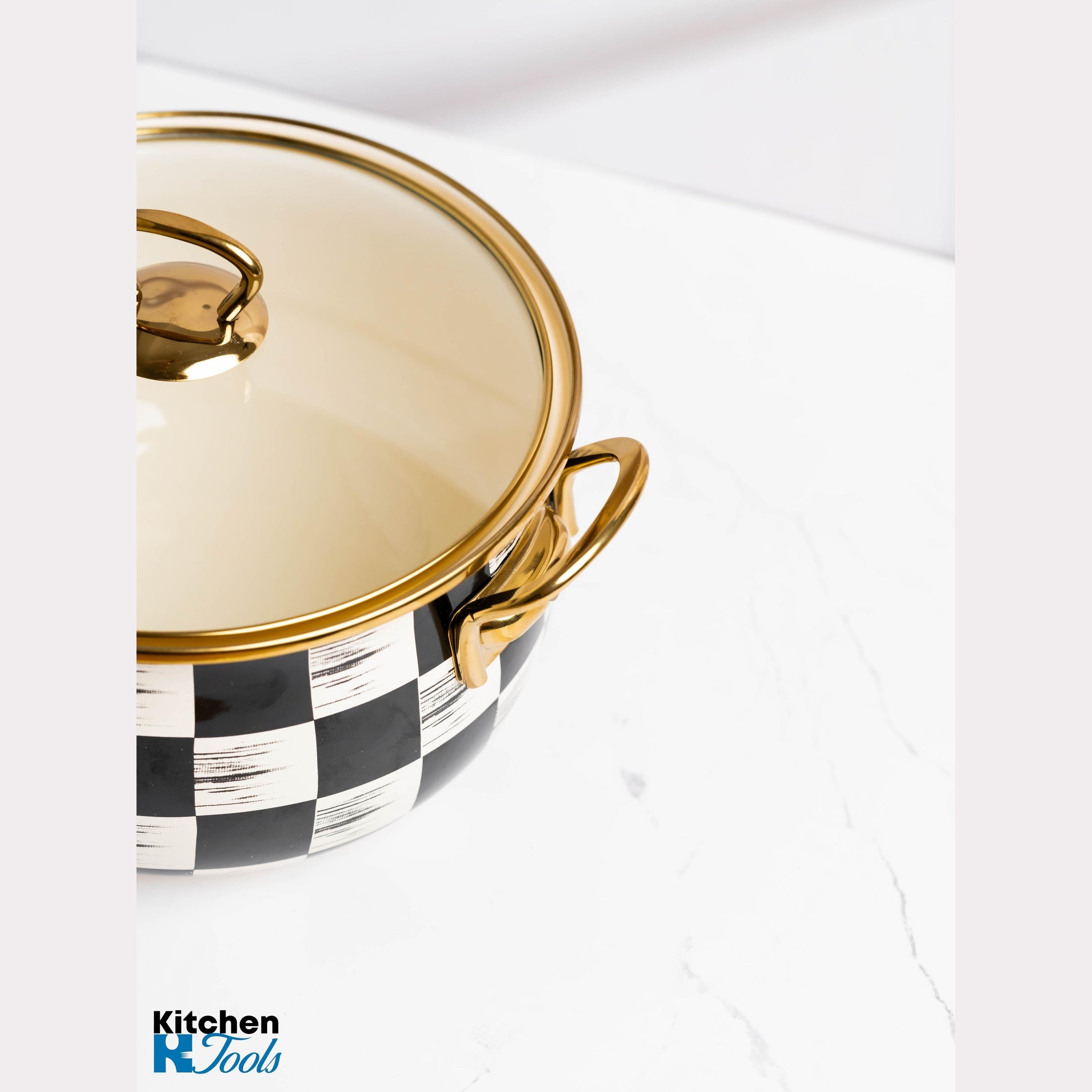 Cratiță Emailată 5L cu Capac Sticlă și Mânere Aurii