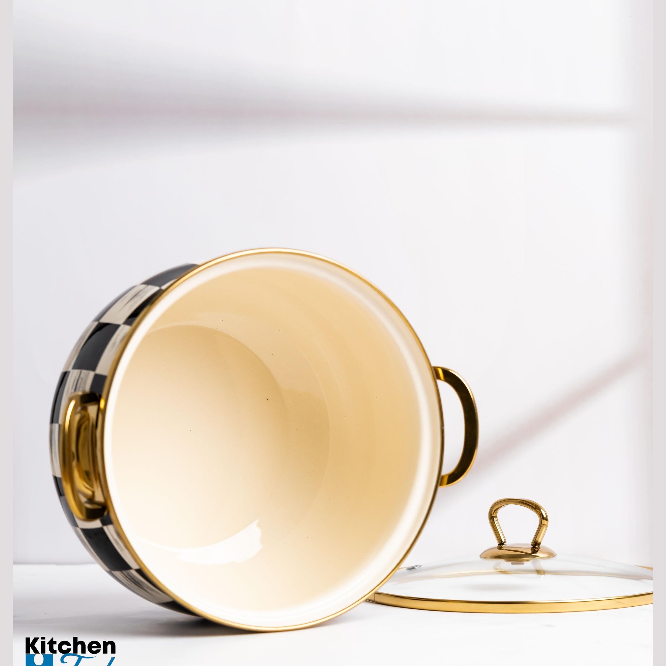 Cratiță Emailată 5L cu Capac Sticlă și Mânere Aurii