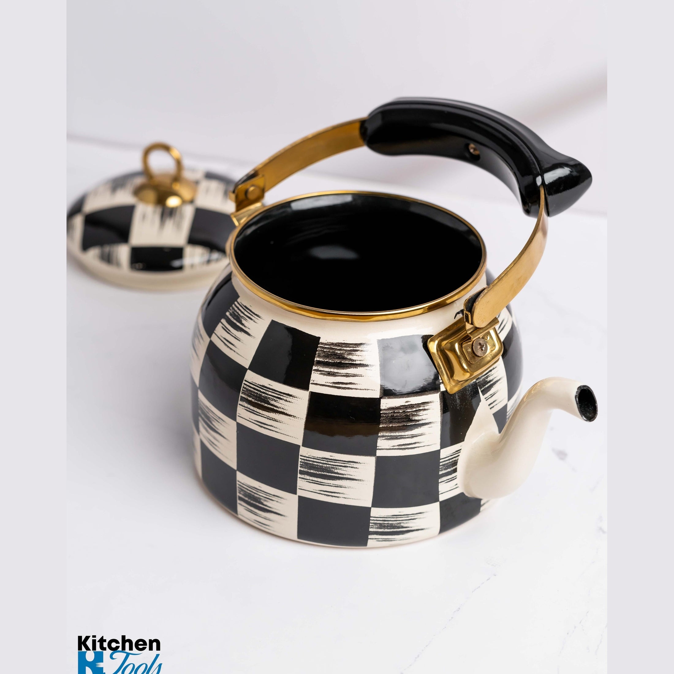 Ceainic Emailat 2.5L Goldmann, Design Alb-Negru