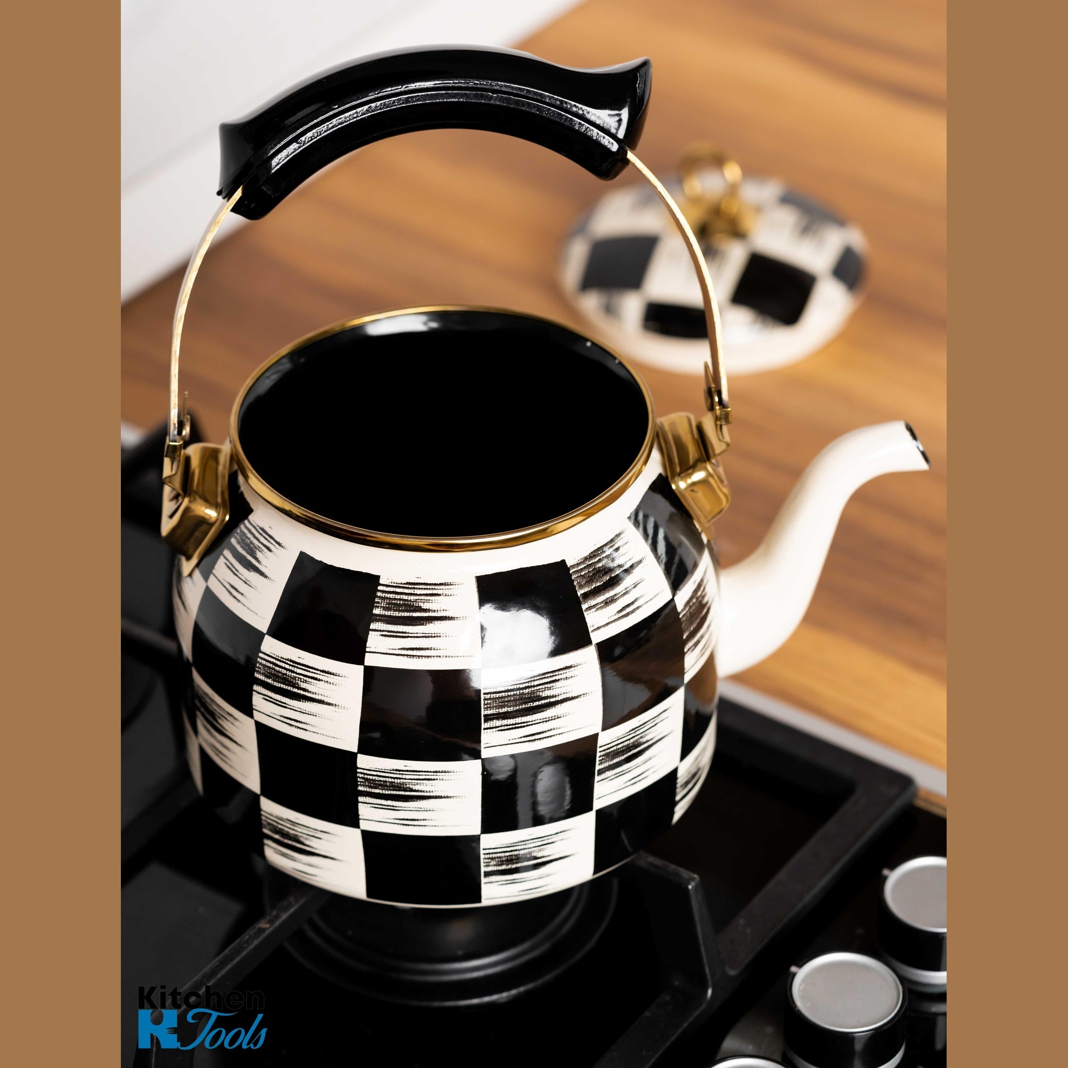 Ceainic Emailat 2.5L Goldmann, Design Alb-Negru