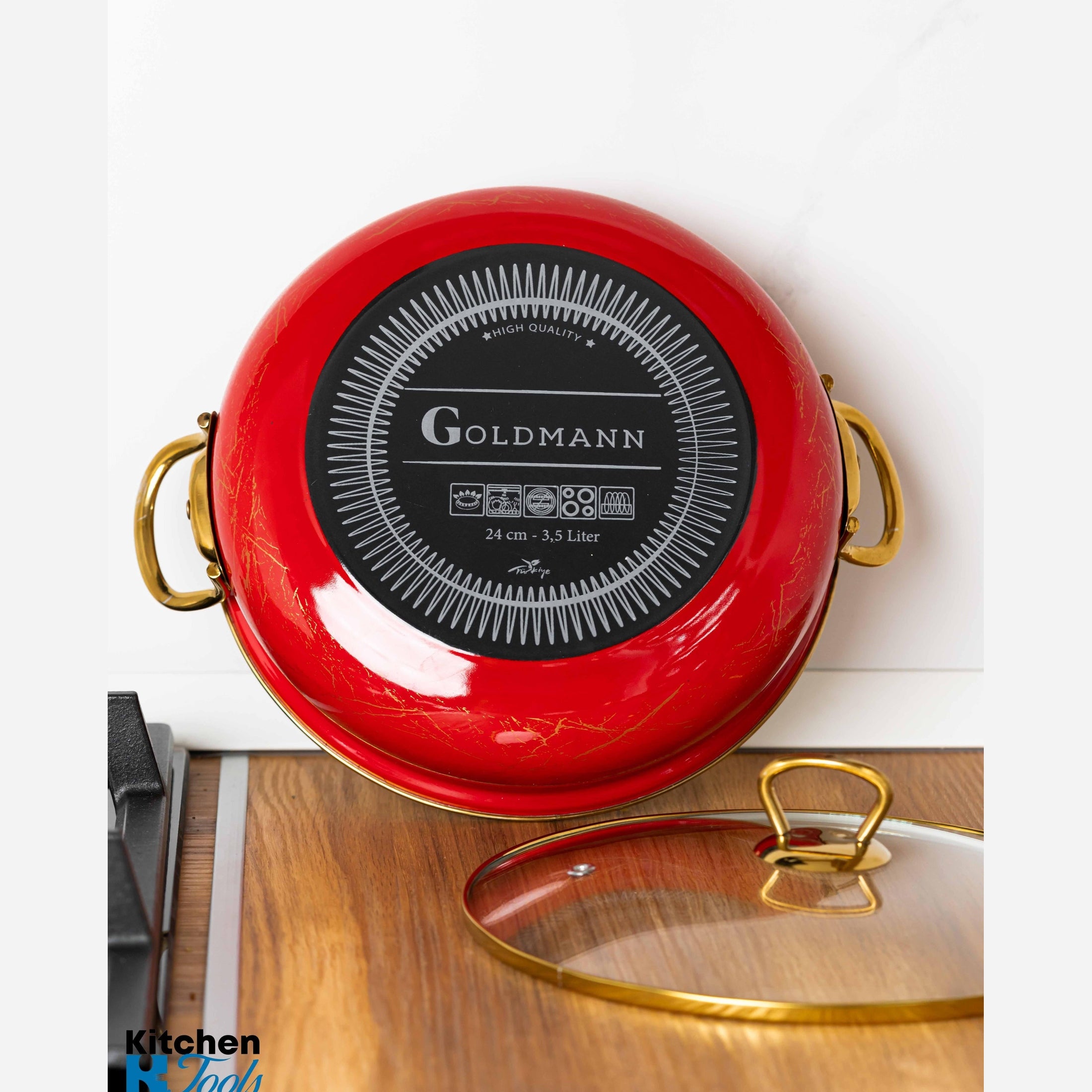 Cratiță emailată 4.5L Goldmann, manere aurii, capac sticlă